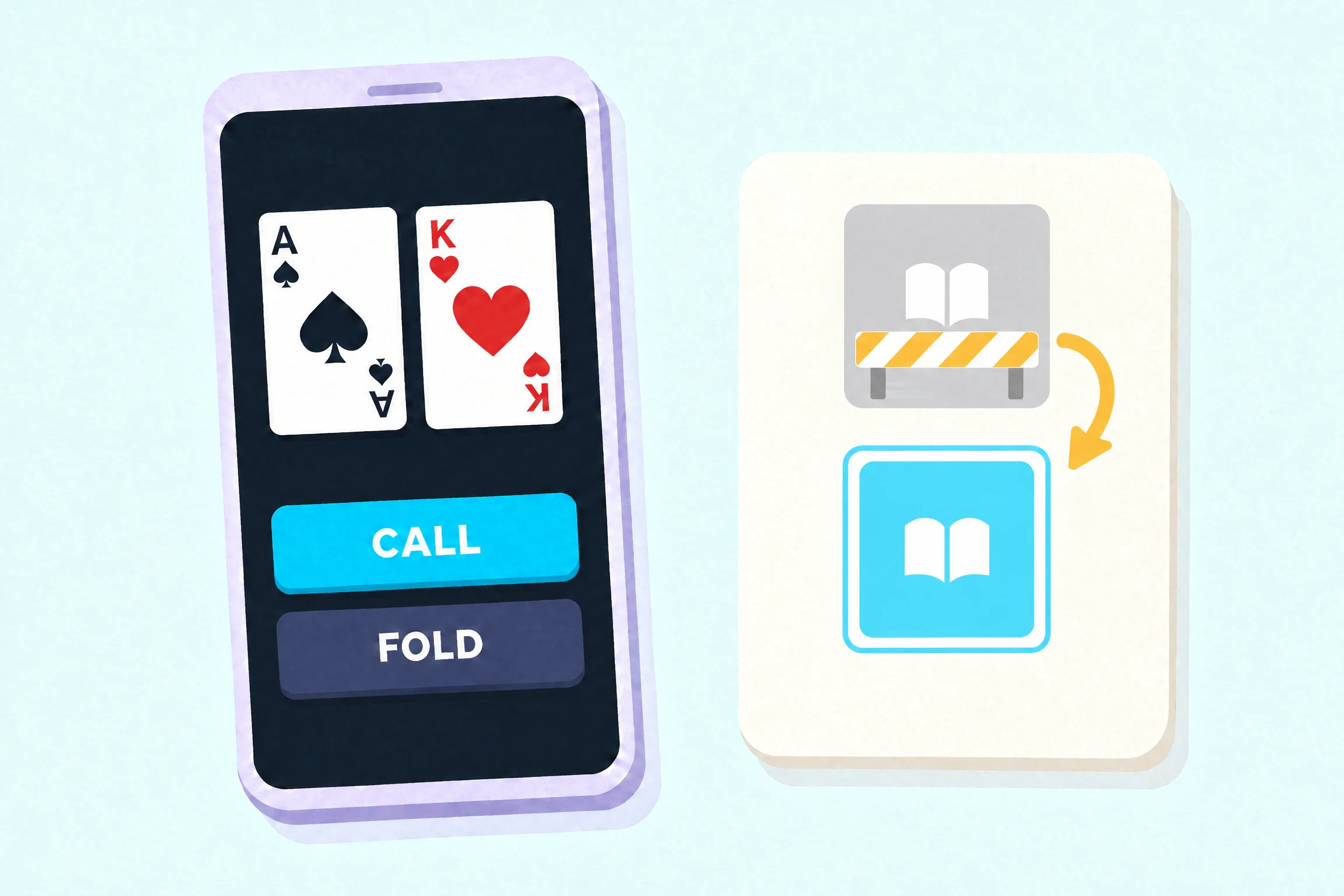 A phone showing the ace of spades and the king of hearts above a cyan Call button and a dark Fold button, beside a cream card where a gray book tile sits behind a striped road barrier and a gold arrow curves down to an open cyan book tile.