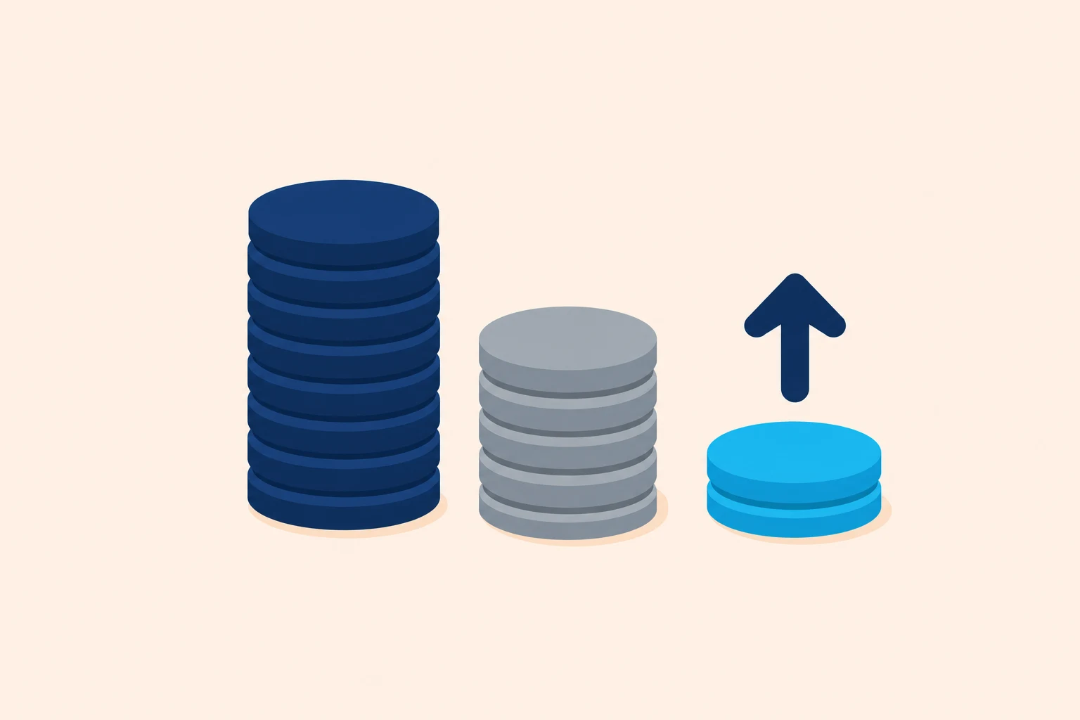 Flat illustration of three chip stacks on a peach background, a tall navy stack, a shorter grey stack, and a two-chip cyan stack with a navy upward arrow above it.