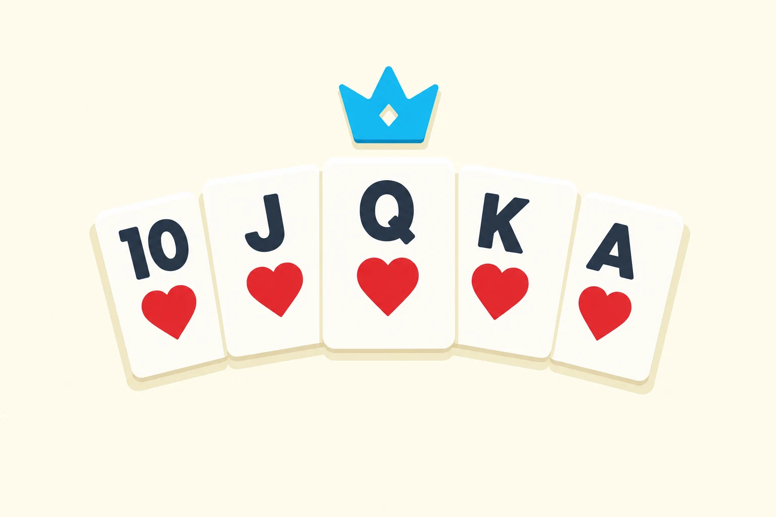 Flat illustration of the ten through ace of hearts fanned in a row under a small cyan crown, on a warm cream wash.