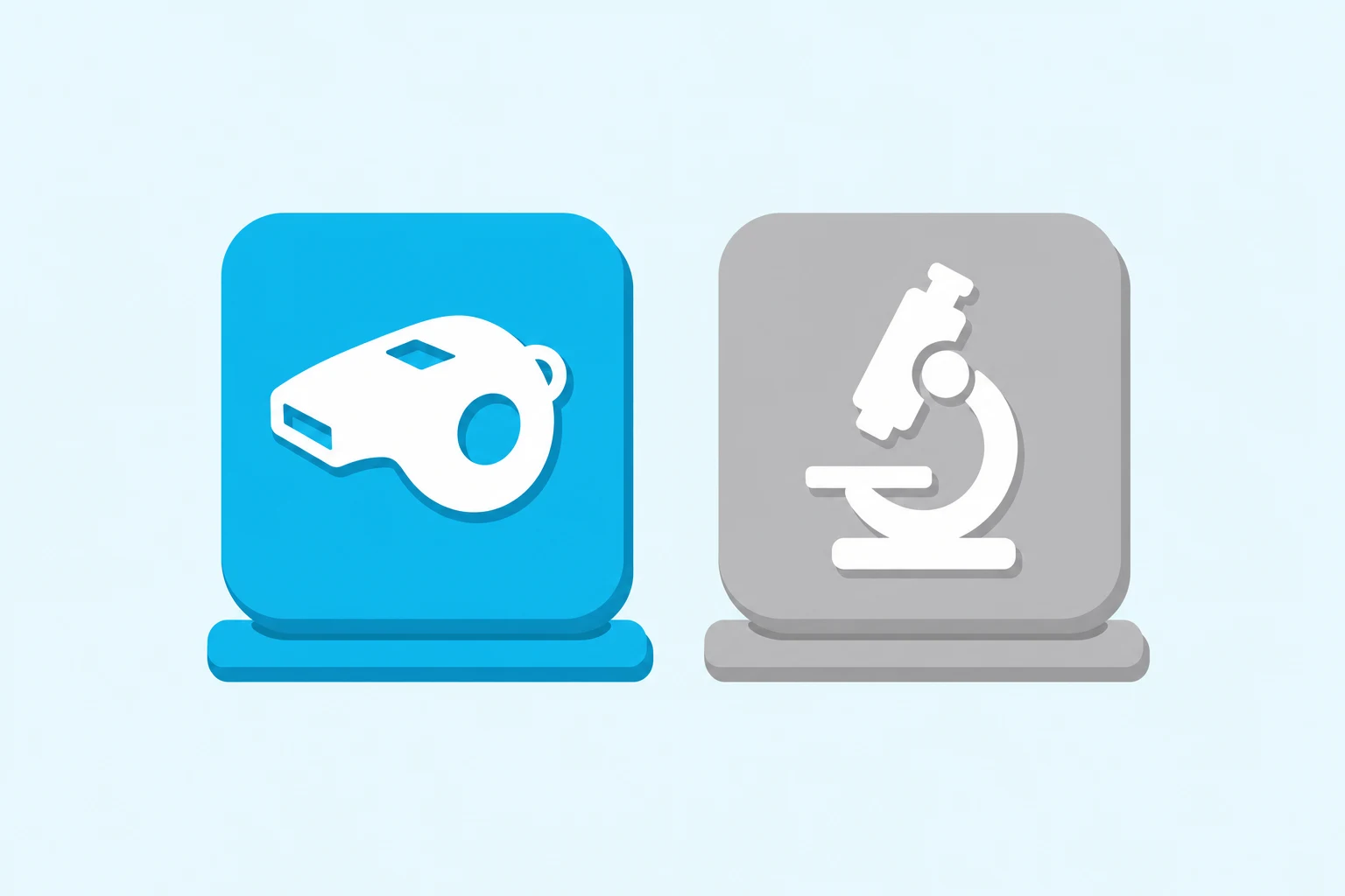 Flat illustration of a cyan whistle tile and a grey microscope tile side by side on small stands, on a pale sky wash.