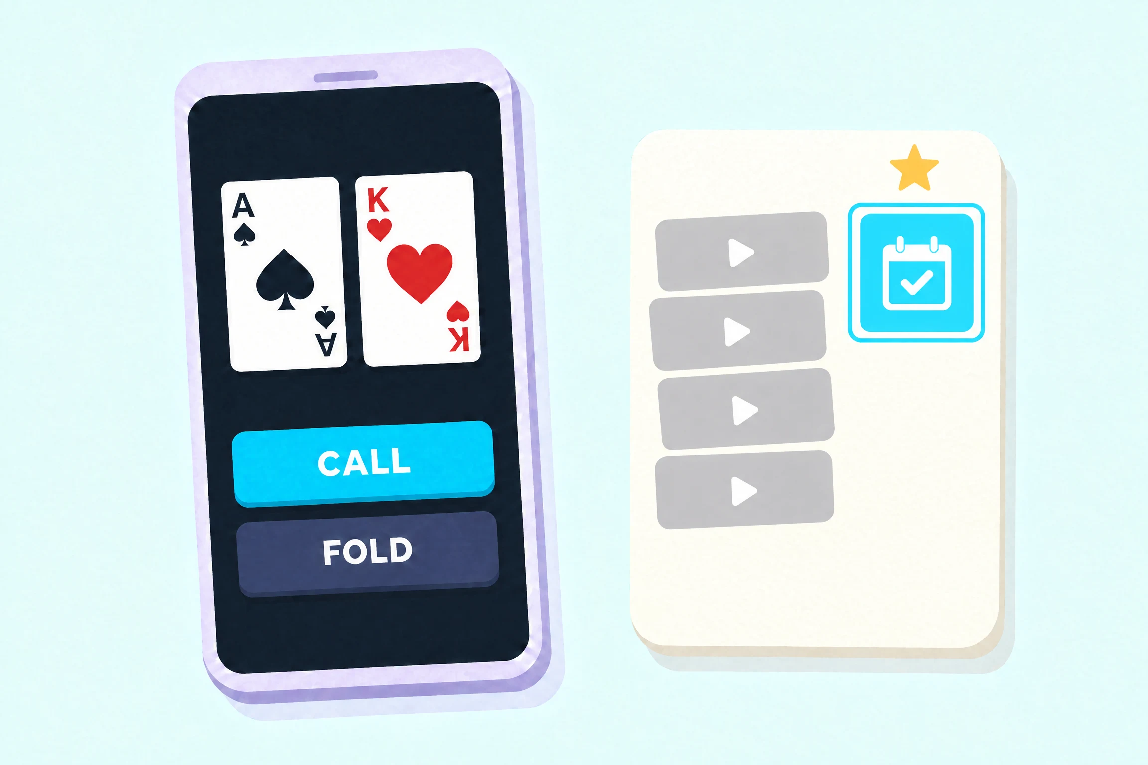A phone showing the ace of spades and the king of hearts above a cyan Call button and a dark Fold button, beside a cream card that holds a stack of four gray video tiles and one cyan tile with a calendar page, a check mark and a small gold star above it.