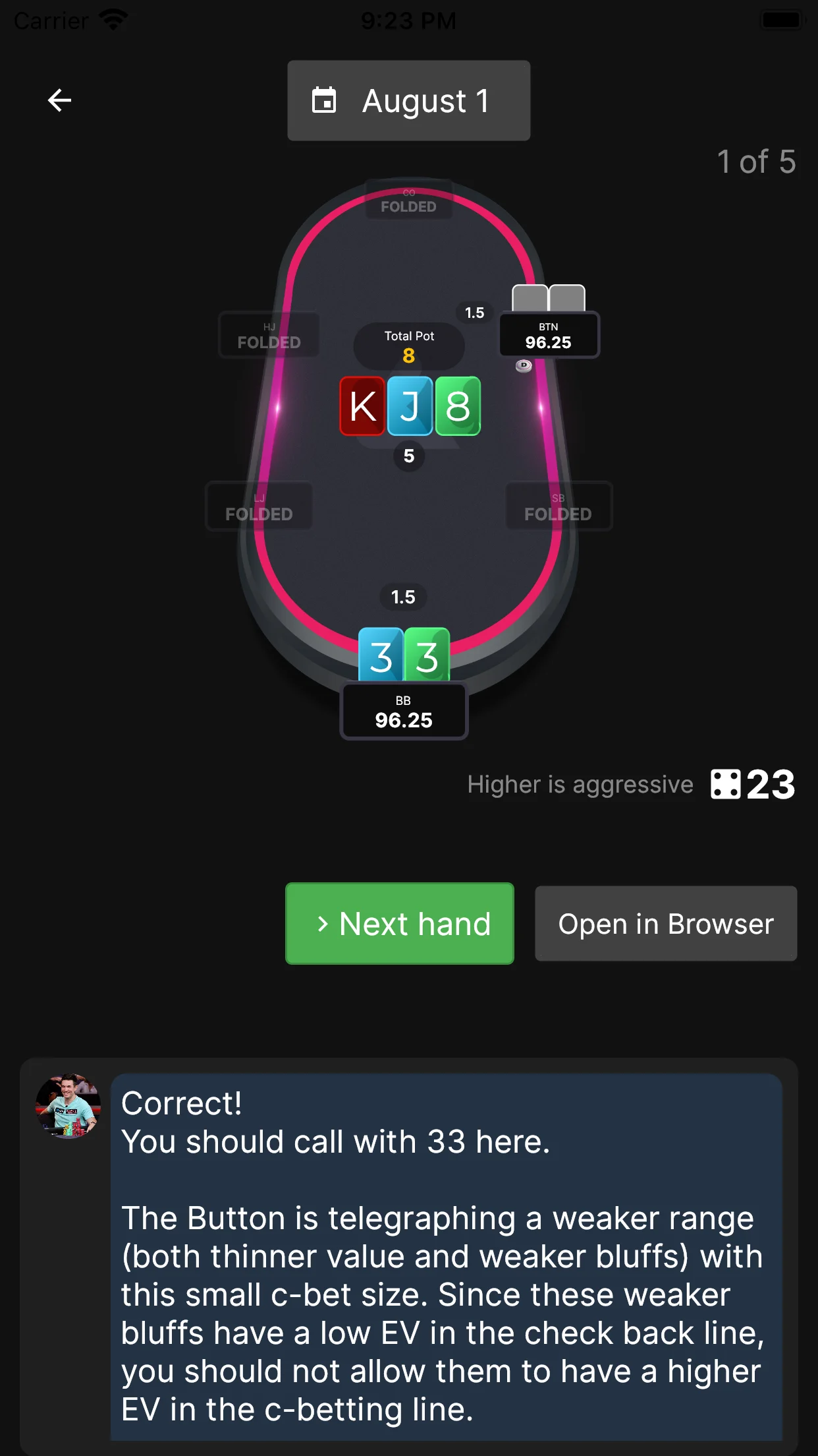 Lucid Poker Trainer App Store screenshot of a Daily Cardle hand dated August 1, spot 1 of 5. On a king, jack and eight flop the player holds a pair of threes, and the coach's note marks the call correct because the button's small c-bet shows a weaker range.