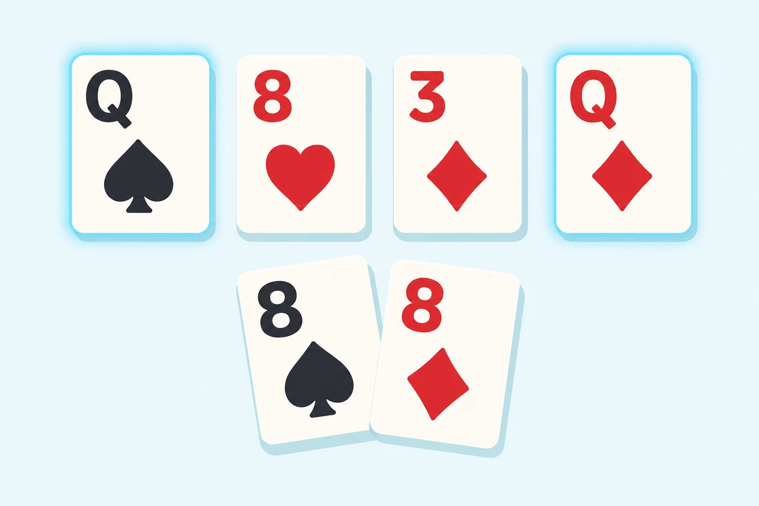 A board of queen of spades, eight of hearts, three of diamonds, and queen of diamonds with both queens glowing cyan, above hole cards of pocket eights.