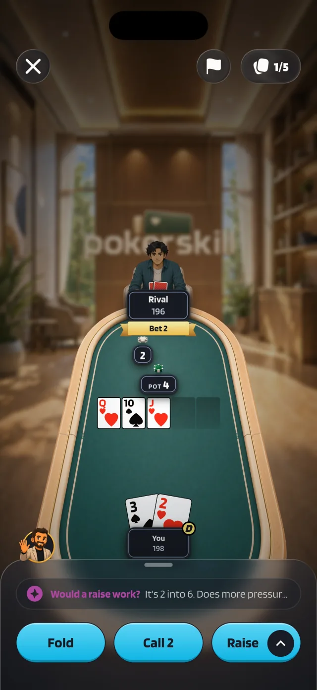A Practice vs AI hand with Rival betting 2 on a queen, ten, jack flop while you hold a three and a two, as Coach Max asks: Would a raise work?