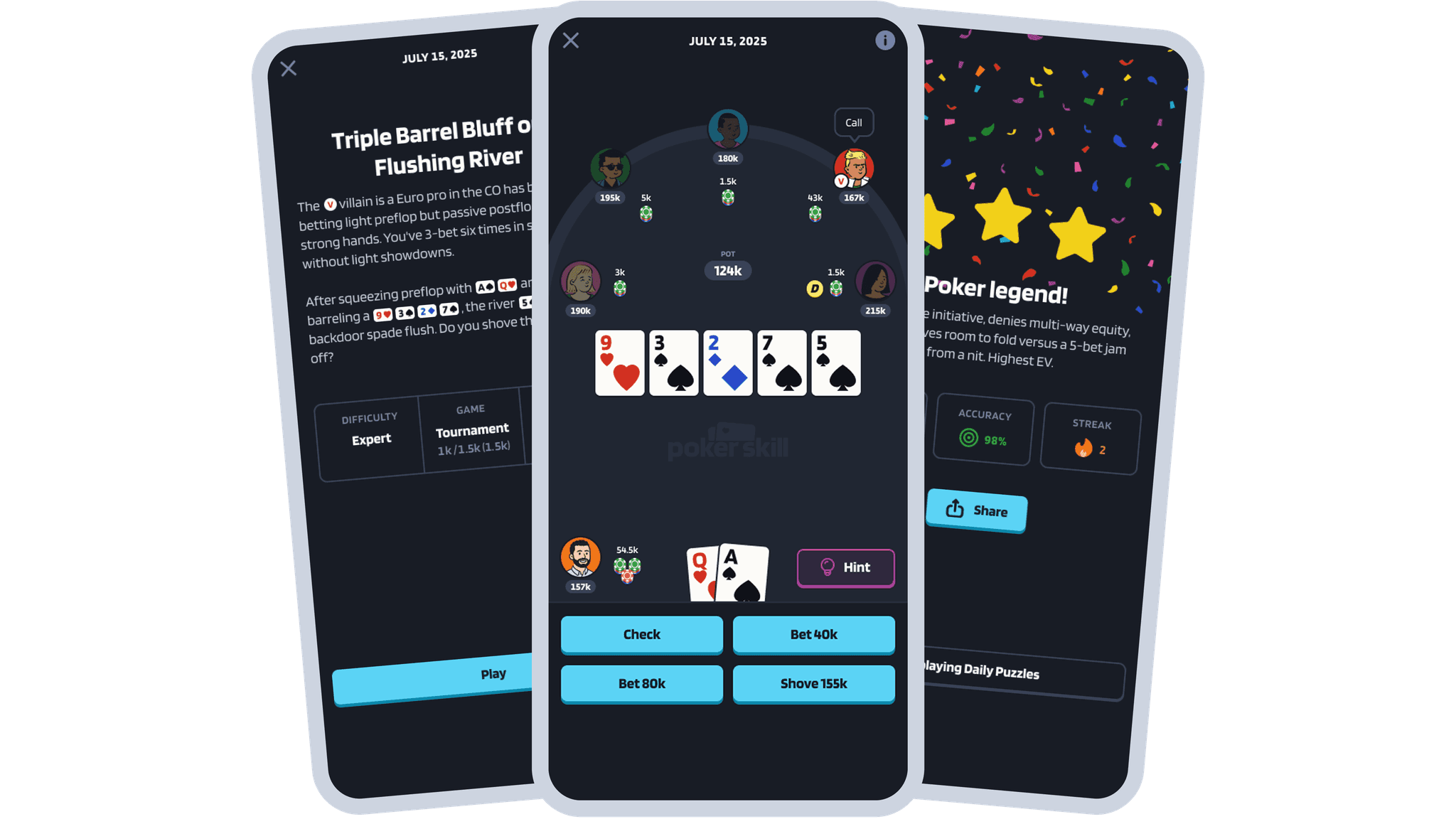 Poker Skill app screens showing poker lessons, puzzle training, and progress tracking.