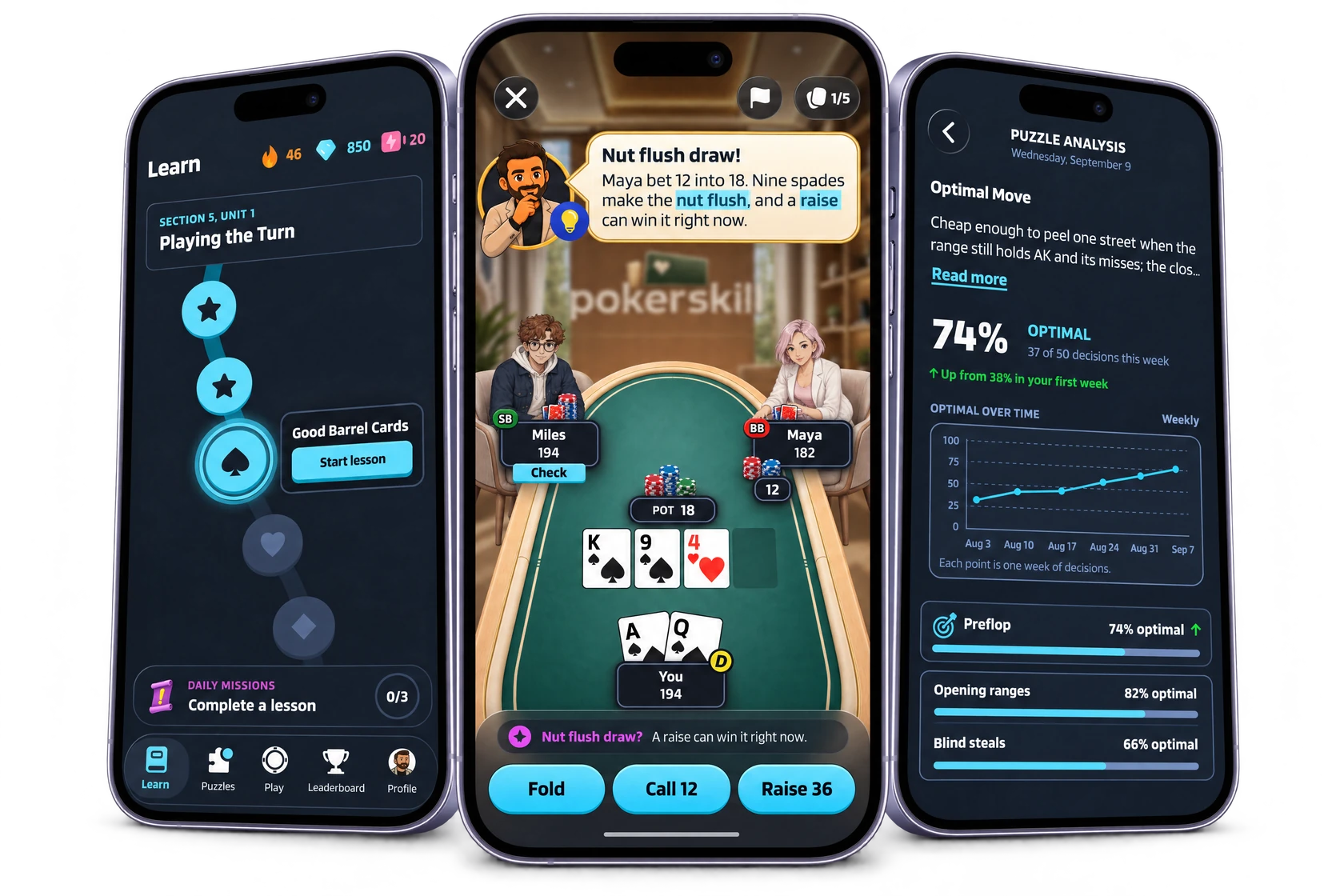 Three phones show the Good Barrel Cards lesson, Puzzle Analysis at 74% optimal this week and a Practice vs AI hand where Coach Max explains a nut flush draw.