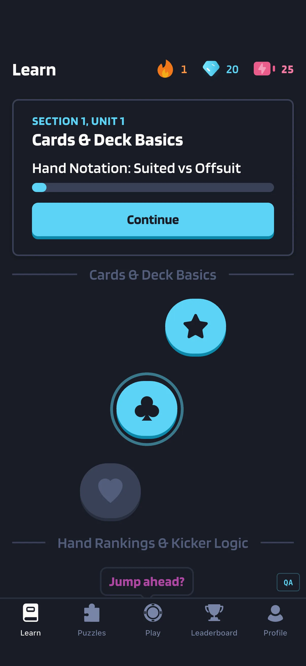 Poker Skill Learn lobby with lessons available.