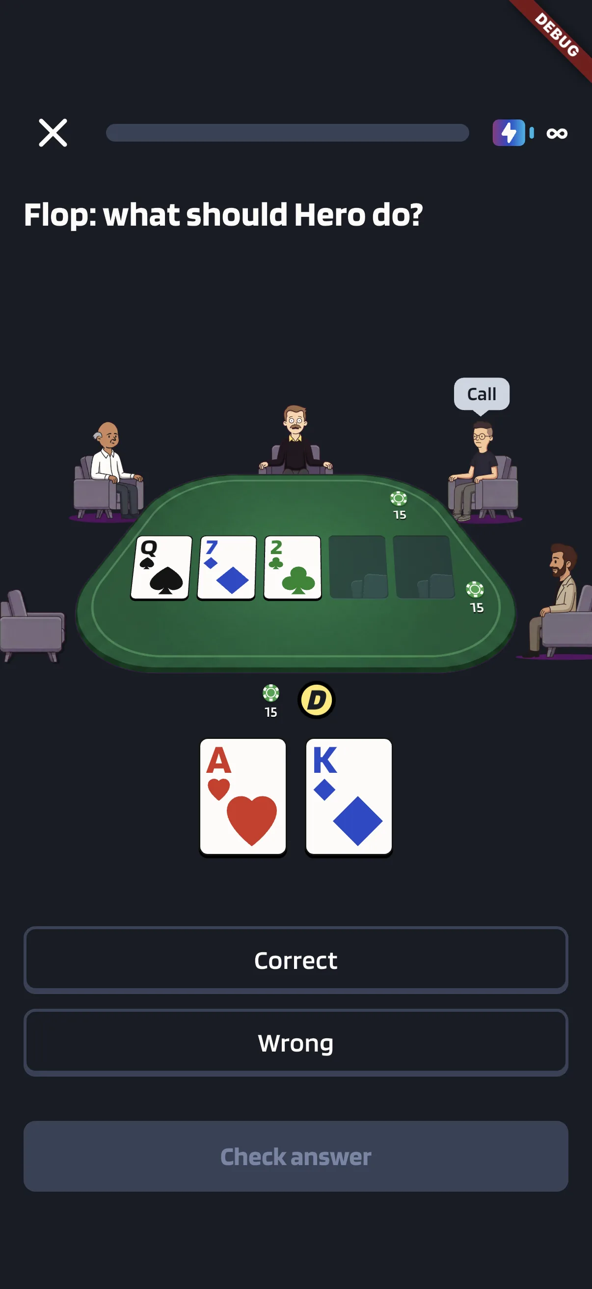 Poker Skill app surface showing a poker board practice visual.