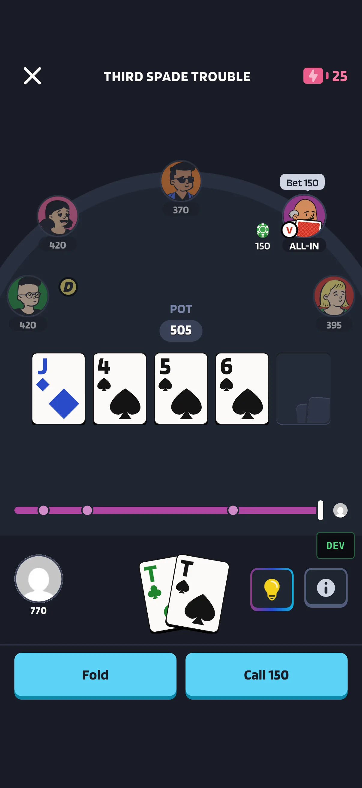 Poker Skill puzzle asking the learner to choose an action.