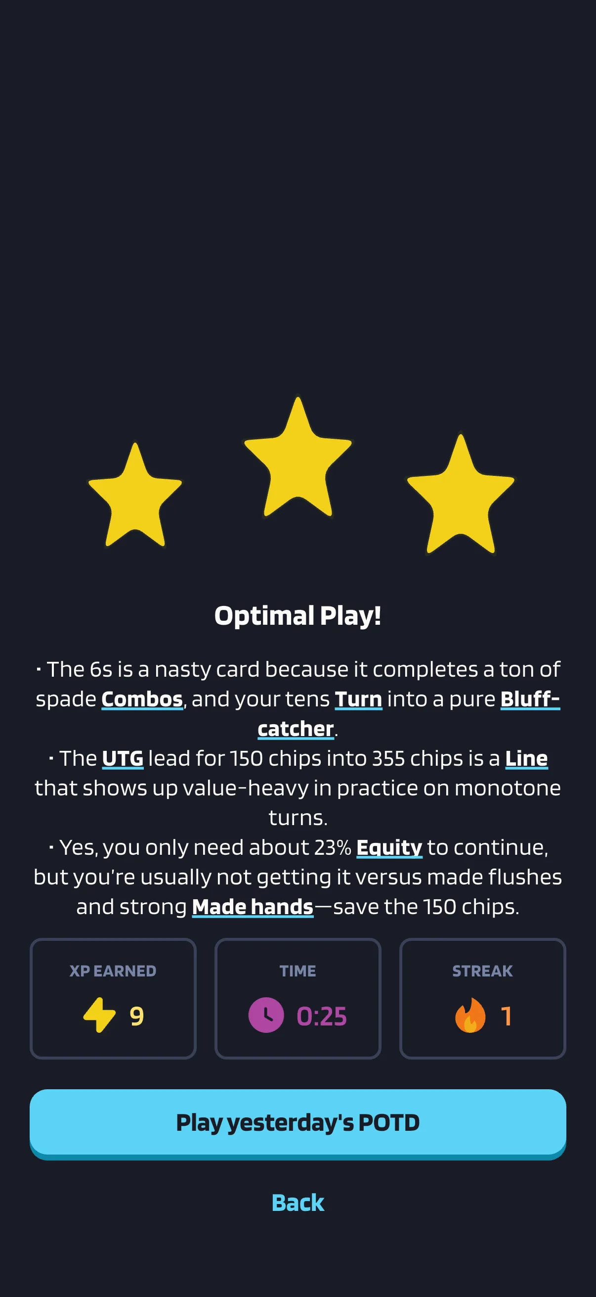 Poker Skill feedback after a completed decision.