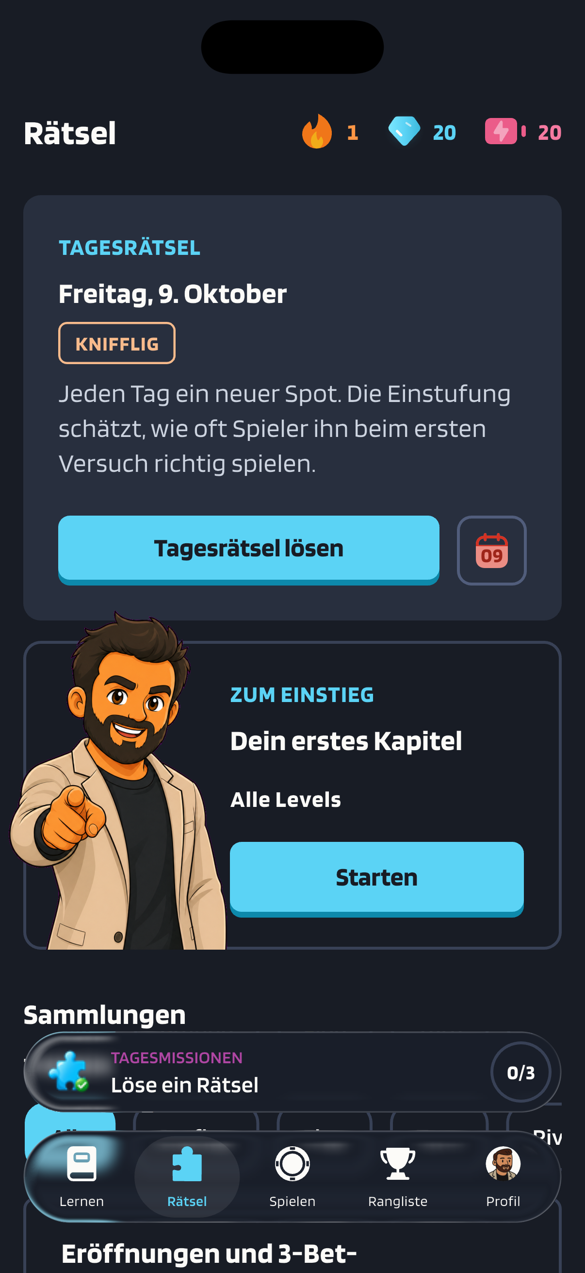 Der Tab „Rätsel“ in Poker Skill mit dem Tagesrätsel für Freitag, 9. Oktober, eingestuft als „Knifflig“, über der Zeile „Jeden Tag ein neuer Spot. Die Einstufung schätzt, wie oft Spieler ihn beim ersten Versuch richtig spielen.“ Darunter sitzt die Schaltfläche „Tagesrätsel lösen“, dann folgt die Karte „Dein erstes Kapitel“ mit Coach Max und der Schaltfläche „Starten“. Die Leiste der Tagesmissionen zeigt die Mission „Löse ein Rätsel“, erledigt sind 0 von 3.
