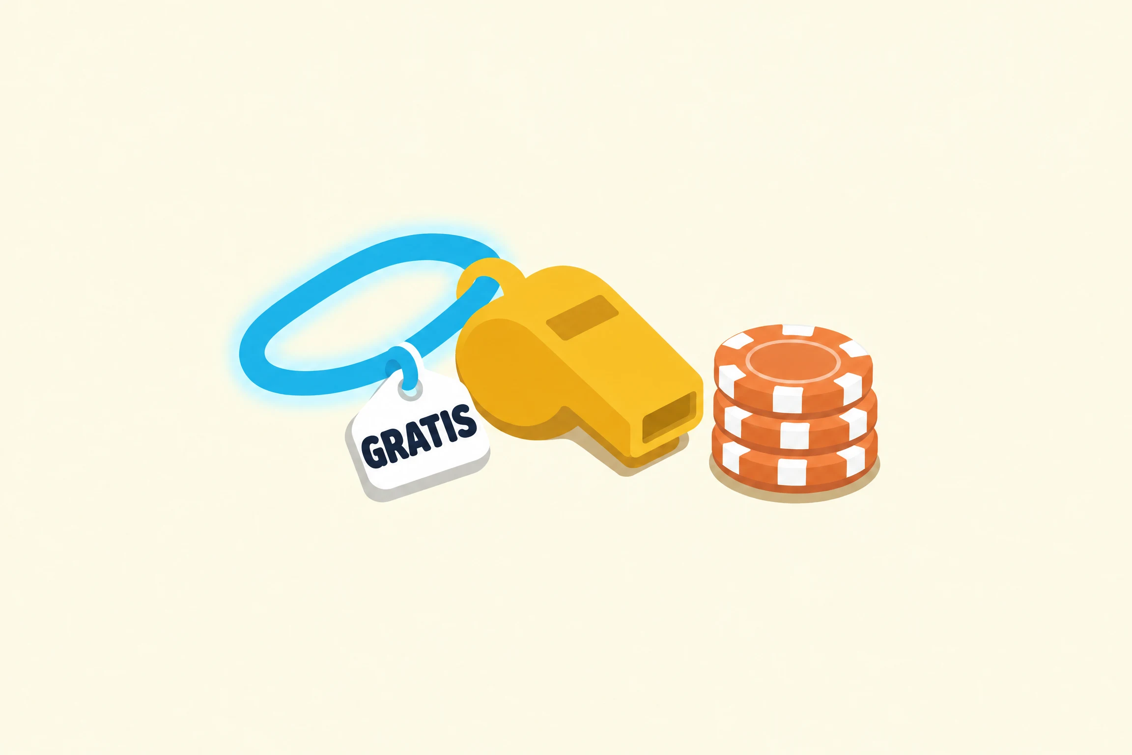 Eine gelbe Trillerpfeife, wie sie Coaches tragen, an einem leuchtend cyanfarbenen Band mit einem weißen Anhänger, auf dem „GRATIS“ steht, liegt neben drei gestapelten orangefarbenen Pokerchips auf cremefarbenem Hintergrund.