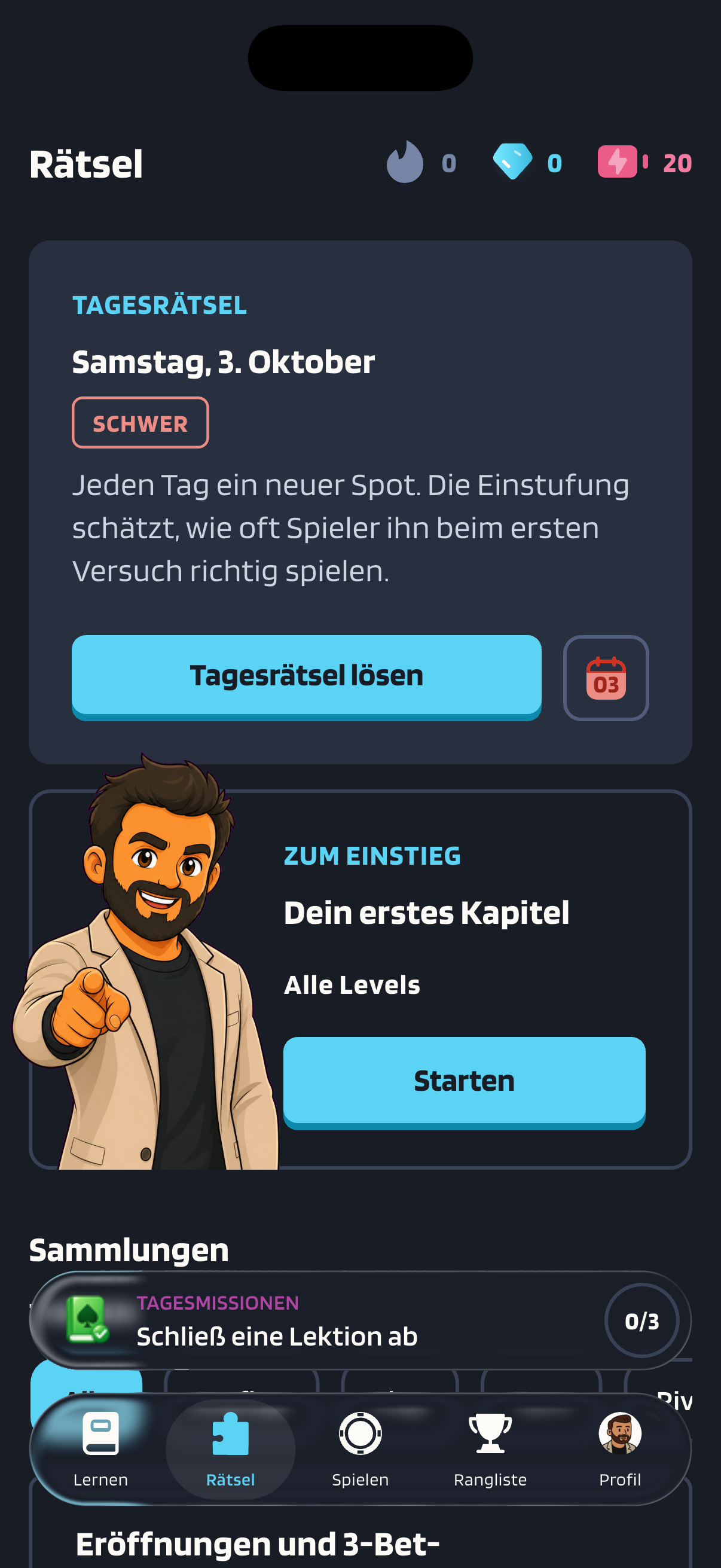 Der Tab „Rätsel“, in dem das Tagesrätsel für Samstag, 3. Oktober, als „Schwer“ eingestuft ist und die Schaltfläche „Tagesrätsel lösen“ hat.
