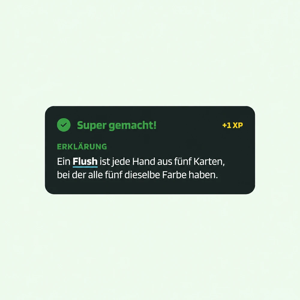 Antwortkarte in Poker Skill: „Super gemacht!“, +1 XP und eine Erklärung, was ein Flush ist.