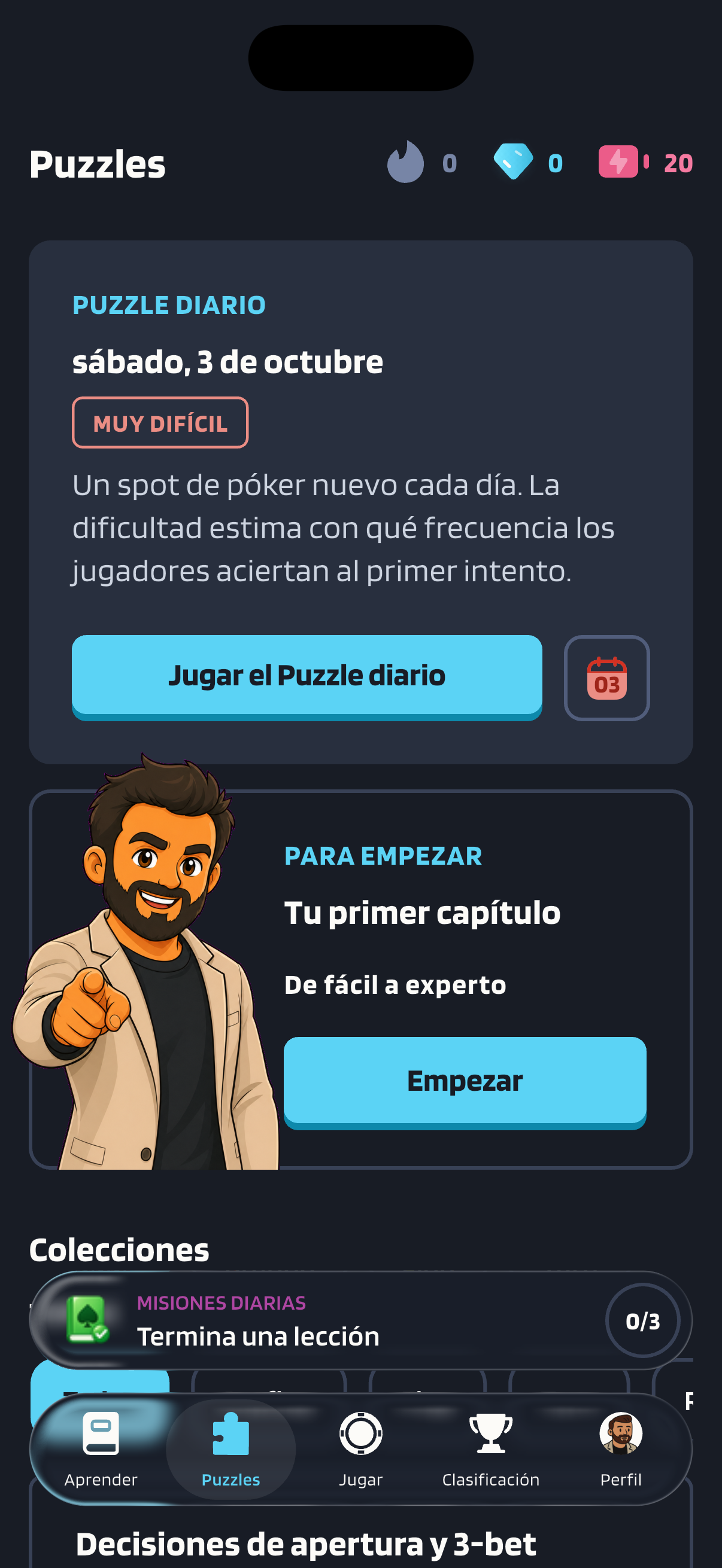 La pestaña Puzzles, donde el Puzzle diario del sábado 3 de octubre está marcado como “Muy difícil” y tiene el botón “Jugar el Puzzle diario”.