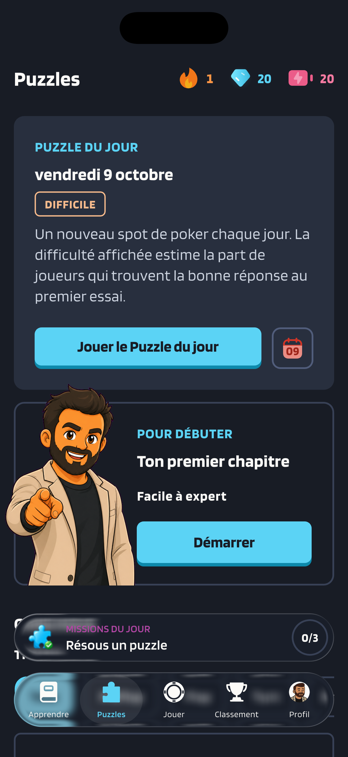 L’onglet Puzzles de Poker Skill, avec en haut une série de 1 jour, 20 gemmes et 20 points d’énergie. La carte du Puzzle du jour, datée du vendredi 9 octobre et marquée « DIFFICILE », indique : « Un nouveau spot de poker chaque jour. La difficulté affichée estime la part de joueurs qui trouvent la bonne réponse au premier essai. » En dessous, un bouton « Jouer le Puzzle du jour » et un bouton calendrier. Plus bas, Coach Max illustre la carte « Ton premier chapitre », de facile à expert, avec un bouton « Démarrer », puis la barre des Missions du jour affiche « Résous un puzzle » et 0 sur 3.
