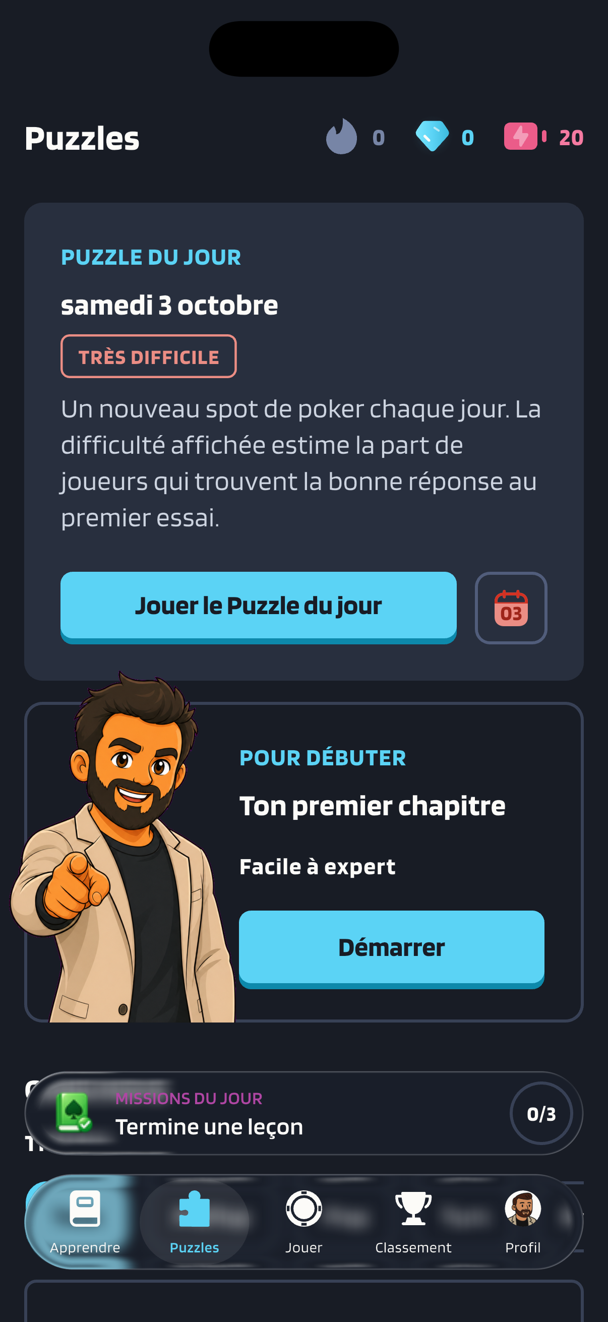 L’onglet Puzzles, où le Puzzle du jour du samedi 3 octobre est marqué Très difficile, avec un bouton Jouer le Puzzle du jour.