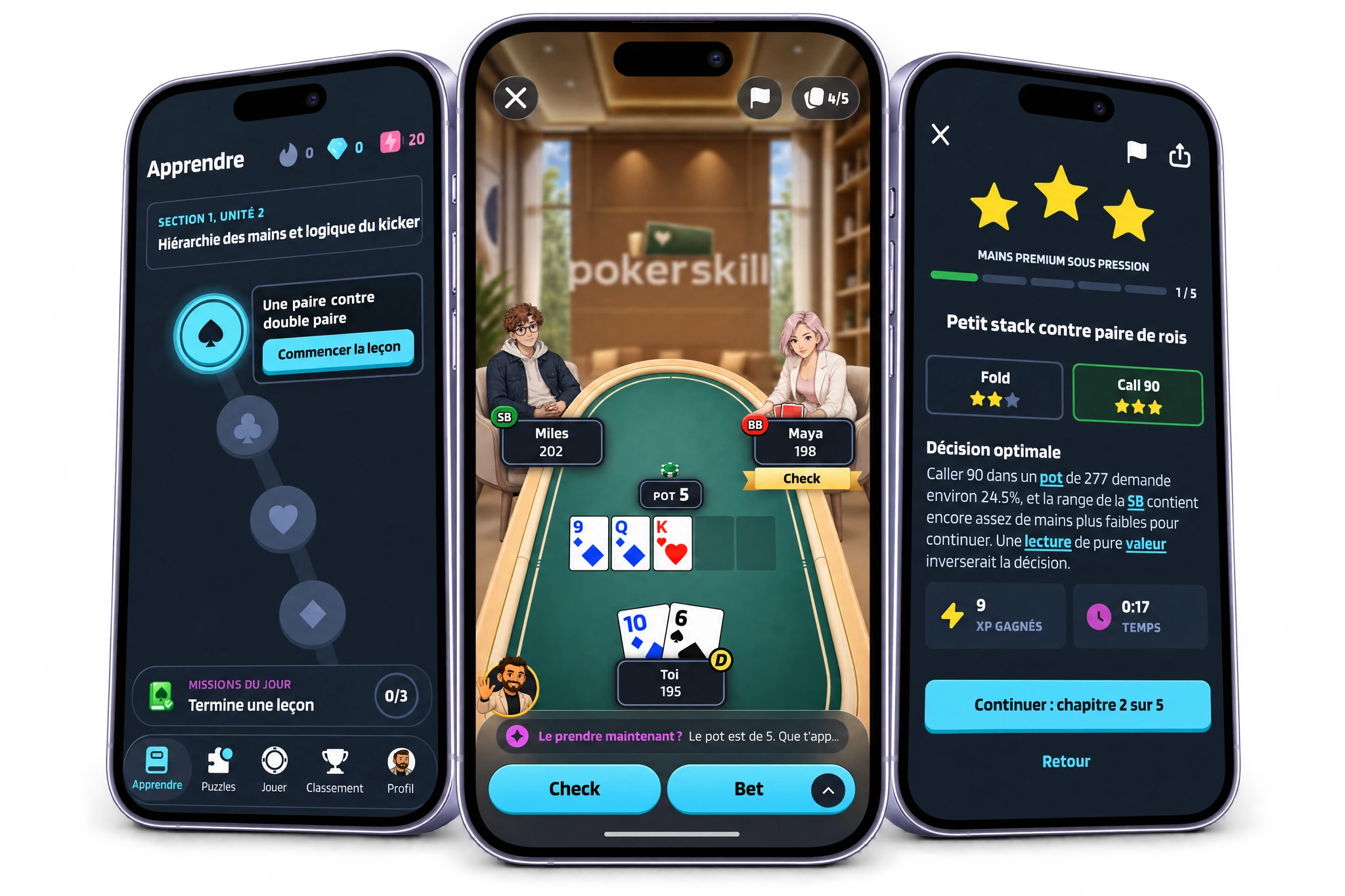 Trois téléphones avec l’appli de poker Poker Skill : la leçon « Une paire contre double paire », une main en mode Entraînement contre l’IA où Coach Max demande s’il faut prendre le pot tout de suite, et le puzzle « Petit stack contre paire de rois », où le call est la décision optimale.