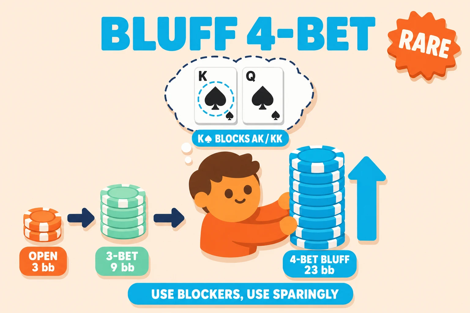 Diagram on a pale peach background under a 'BLUFF 4-BET' header (both words in cyan) with a red-orange 'RARE' starburst badge in the upper-right. A central orange avatar pushes a huge cyan chip stack with a cyan up-arrow; above, a thought-bubble shows K♠ (cyan-ringed as blocker) and Q♠, with a cyan 'K♠ BLOCKS AK / KK' pill. To the left, a small escalation timeline of chip stacks: orange 'OPEN 3 bb' → mint '3-BET 9 bb' → arrow → the central cyan '4-BET BLUFF 23 bb' stack. A cyan pill at the bottom reads 'USE BLOCKERS, USE SPARINGLY'.