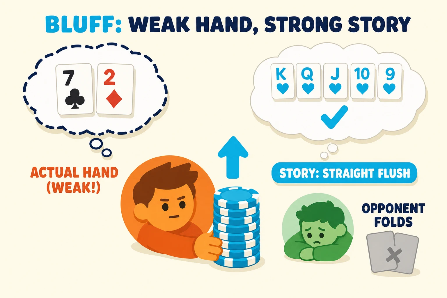 Diagram on a warm cream background under a 'BLUFF: WEAK HAND, STRONG STORY' header (BLUFF in cyan). A central orange avatar pushes a tall cyan chip stack with a cyan up-arrow. Upper-left thought-bubble labelled 'ACTUAL HAND (WEAK!)' shows 7♣ 2♦ in red-orange. Upper-right thought-bubble labelled 'STORY: STRAIGHT FLUSH' shows K♥ Q♥ J♥ 10♥ 9♥ with a cyan checkmark. To the right, a smaller mint avatar with a greyed-out folded card icon and an 'OPPONENT FOLDS' label.