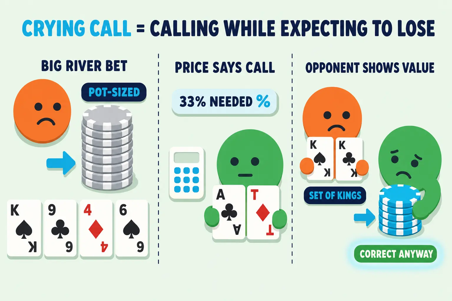 Three-frame strip shows a crying call against a big river bet. The opponent pushes a pot-sized stack, the hero checks a 33% needed price with top pair and weak kicker, then calls even as the opponent reveals a set of kings.