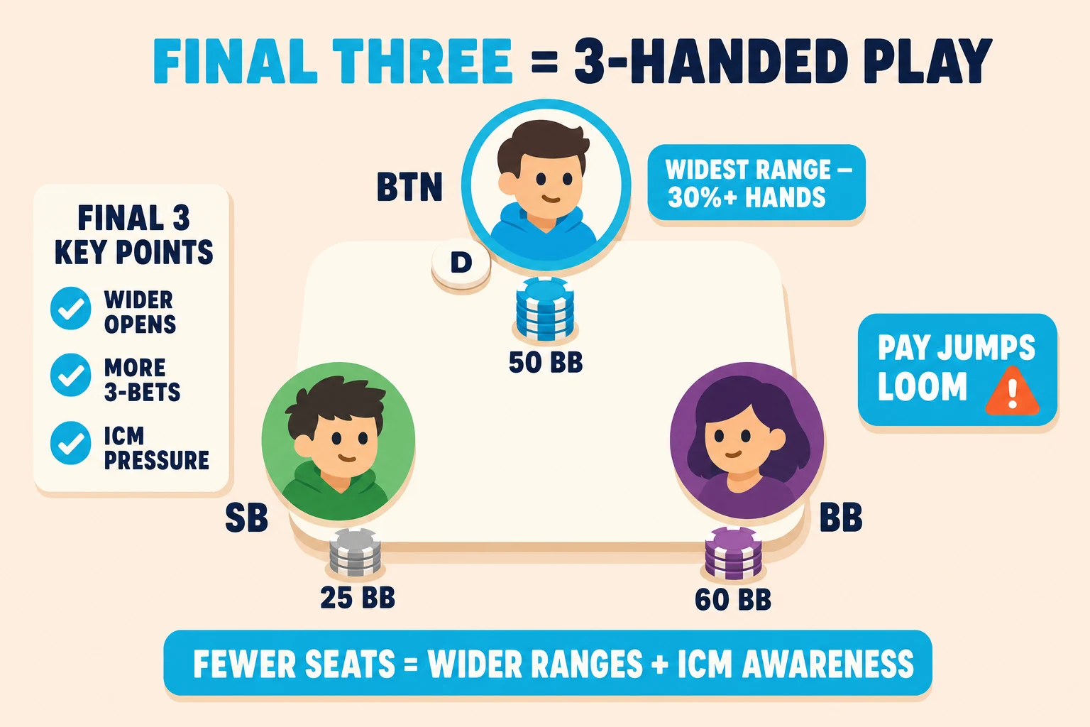 Diagram on a pale peach background under a 'FINAL THREE = 3-HANDED PLAY' header (FINAL THREE in cyan). A small 3-seat table holds three avatars at labelled seats BTN, SB, BB. The BTN seat is cyan-ringed with a 'WIDEST RANGE — 30%+ HANDS' pill; the SB shows a shorter 25 BB stack while the BB shows 60 BB. A side card lists 'FINAL 3 KEY POINTS: WIDER OPENS / MORE 3-BETS / ICM PRESSURE' with cyan checkmarks. A 'PAY JUMPS LOOM' warning sits to the right. Cyan pill at the bottom: 'FEWER SEATS = WIDER RANGES + ICM AWARENESS'.