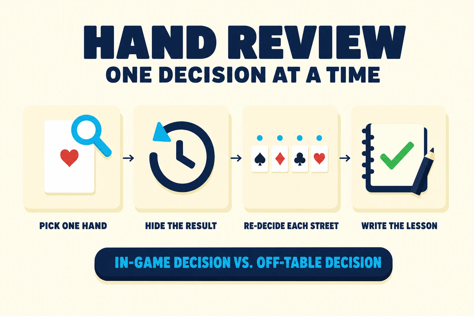 Four-step hand-review strip shows picking one hand, hiding the result, re-deciding each street, and writing the lesson inside a study workflow. A cyan pill compares the in-game decision with the off-table decision.