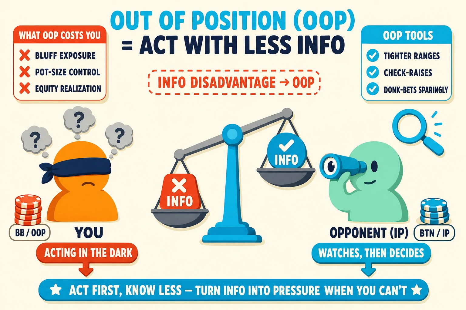 Info-asymmetry heads-up scene on a warm cream background under an 'OUT OF POSITION (OOP) = ACT WITH LESS INFO' header (OUT OF POSITION (OOP) in cyan). Left: an orange YOU avatar wearing a chunky dark-navy blindfold across the eyes, with three grey '?' thought-bubbles floating around their head and a red-orange 'ACTING IN THE DARK' pill below; YOU is tagged 'BB / OOP'. Right: a mint OPPONENT avatar holds a chunky cyan telescope/eye icon with a cyan magnifying-glass icon hovering above, tagged 'BTN / IP' with a chunky cyan 'WATCHES, THEN DECIDES' pill below. Center: a chunky balance-scale icon — YOU's pan tipped DOWN with a red-orange '✗ INFO' weight, OPPONENT's pan tipped UP with a cyan '✓ INFO' badge — visualizing the info imbalance. A red-orange dashed banner above the scale: 'INFO DISADVANTAGE → OOP'. Top-left 'WHAT OOP COSTS YOU' info card with red-orange ✗ marks 'BLUFF EXPOSURE', 'POT-SIZE CONTROL', 'EQUITY REALIZATION'. Top-right 'OOP TOOLS' info card with cyan checkmarks 'TIGHTER RANGES', 'CHECK-RAISES', 'DONK-BETS SPARINGLY'. Cyan pill at the bottom: 'ACT FIRST, KNOW LESS — TURN INFO INTO PRESSURE WHEN YOU CAN'T'.
