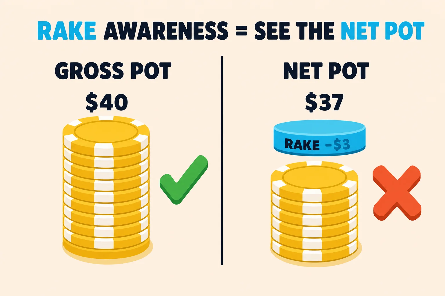 Poker Skill diagram showing a $40 gross pot beside a $37 net pot after rake. The gross-pot frame has a green check; the net-pot frame removes a cyan $3 rake slice and marks the same spot with a red X.