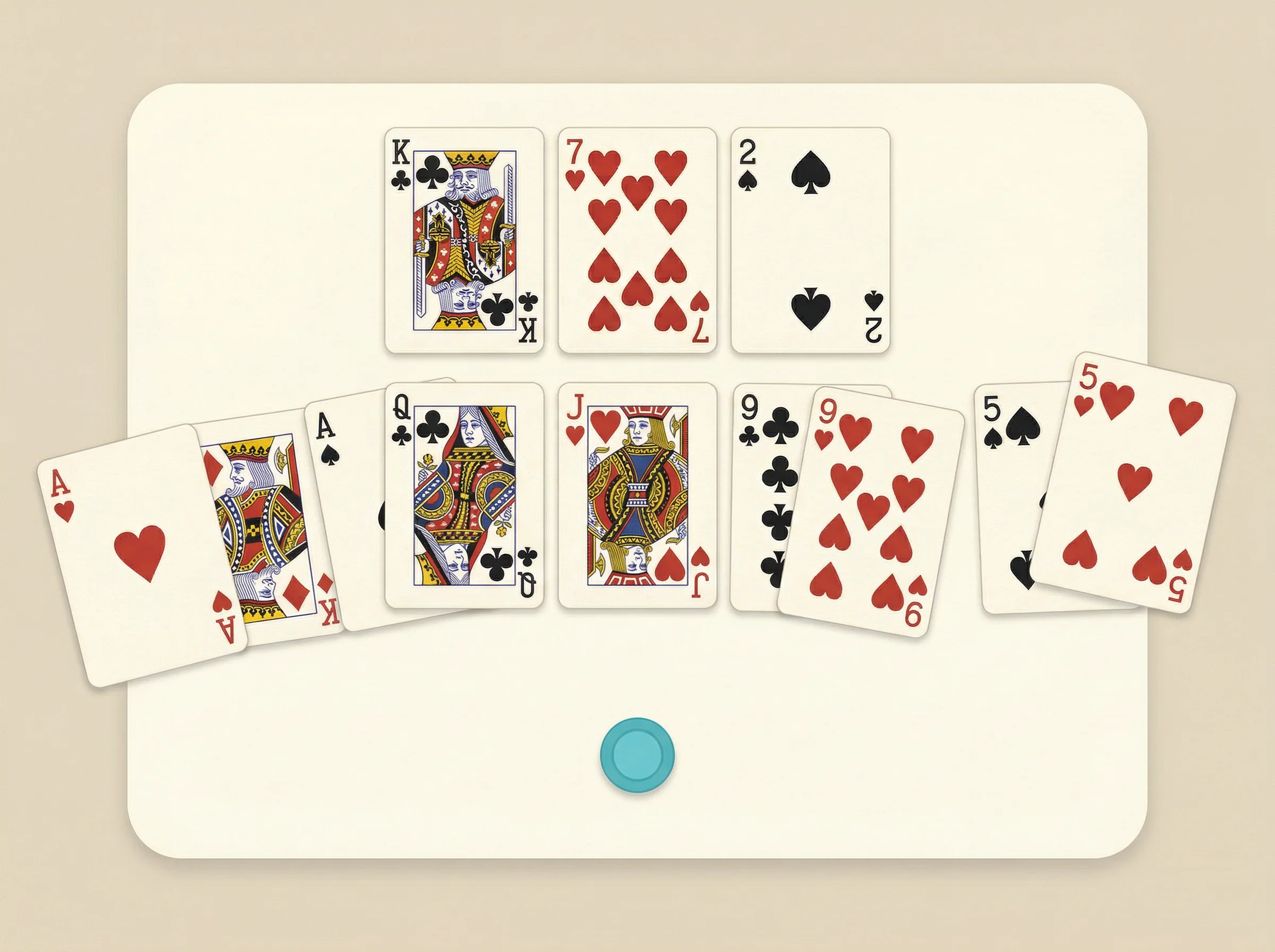 Range bet illustration showing a dry flop where the preflop raiser can bet a wide range for a small size