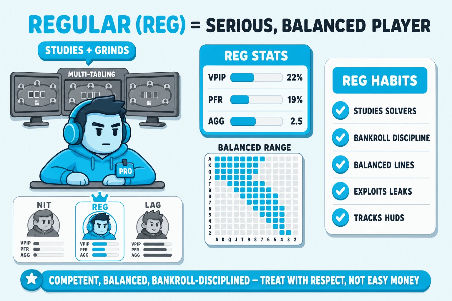 Regular-player character study on a pale sky background under a 'REGULAR (REG) = SERIOUS, BALANCED PLAYER' header (REGULAR (REG) in cyan). Left: a chunky cyan-tinted avatar with focused-determined expression and noise-cancelling headphones; a small 'PRO' chest badge clipped to the avatar. Behind the avatar a row of three small grey monitor screens stacked horizontally tagged 'MULTI-TABLING' showing tiny mini-poker-tables. Above the avatar a chunky cyan 'STUDIES + GRINDS' speech-pill. Center: a 'REG STATS' card with three rows of medium-length cyan data bars 'VPIP — 22%', 'PFR — 19%', 'AGG — 2.5'; below it a small 13×13 mini-grid showing a balanced range with about 22% cells cyan tagged 'BALANCED RANGE'. Right: 'REG HABITS' info card with cyan checkmarks 'STUDIES SOLVERS', 'BANKROLL DISCIPLINE', 'BALANCED LINES', 'EXPLOITS LEAKS', 'TRACKS HUDS'. Below the avatar a comparison strip showing three character archetypes — greyed 'NIT' (low bars), cyan-highlighted ringed cyan 'REG' (balanced bars, with crown icon above), greyed 'LAG' (high bars). Cyan pill at the bottom: 'COMPETENT, BALANCED, BANKROLL-DISCIPLINED — TREAT WITH RESPECT, NOT EASY MONEY'.
