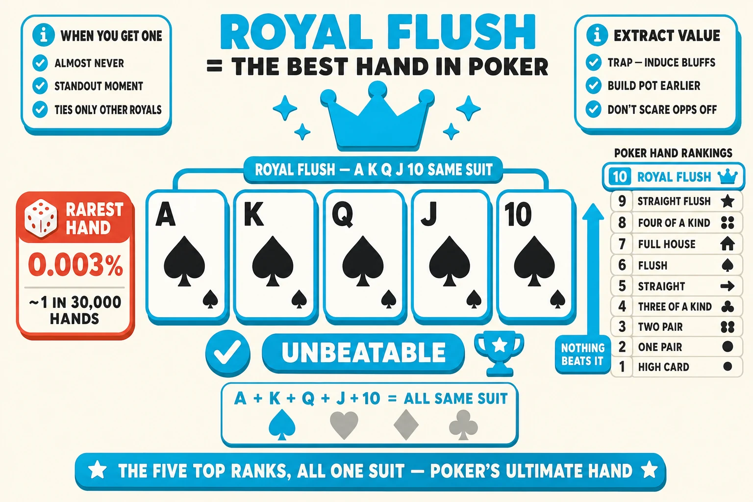 Royal flush hand showcase on a warm cream background under a 'ROYAL FLUSH = THE BEST HAND IN POKER' header (ROYAL FLUSH in cyan). Center: a horizontal row of five playing cards A♠ K♠ Q♠ J♠ 10♠ all spades, ringed thick cyan with chunky cyan glow halos and connected by a cyan brace pill 'ROYAL FLUSH — A K Q J 10 SAME SUIT'. Above the cards a chunky cyan crown with sparkle stars. Below the cards a chunky cyan 'UNBEATABLE' pill with cyan checkmark and trophy icon. Right side: a 10-tier hand-rankings ladder with ROYAL FLUSH (rank 10, top) cyan-highlighted ringed cyan with crown icon and a 'NOTHING BEATS IT' up-arrow. Left side: a chunky red-orange '0.003% — RAREST HAND' tile with dice icon and a '~1 IN 30,000 HANDS' label. Top-left 'WHEN YOU GET ONE' info card with cyan checkmarks 'ALMOST NEVER', 'STANDOUT MOMENT', 'TIES ONLY OTHER ROYALS'. Top-right 'EXTRACT VALUE' info card with cyan checkmarks 'TRAP — INDUCE BLUFFS', 'BUILD POT EARLIER', 'DON'T SCARE OPPS OFF'. Below the cards a chunky cyan 'A + K + Q + J + 10 = ALL SAME SUIT' formula label with four suit icons (♠ highlighted cyan, ♥ ♦ ♣ greyed). Cyan pill at the bottom: 'THE FIVE TOP RANKS, ALL ONE SUIT — POKER'S ULTIMATE HAND'.