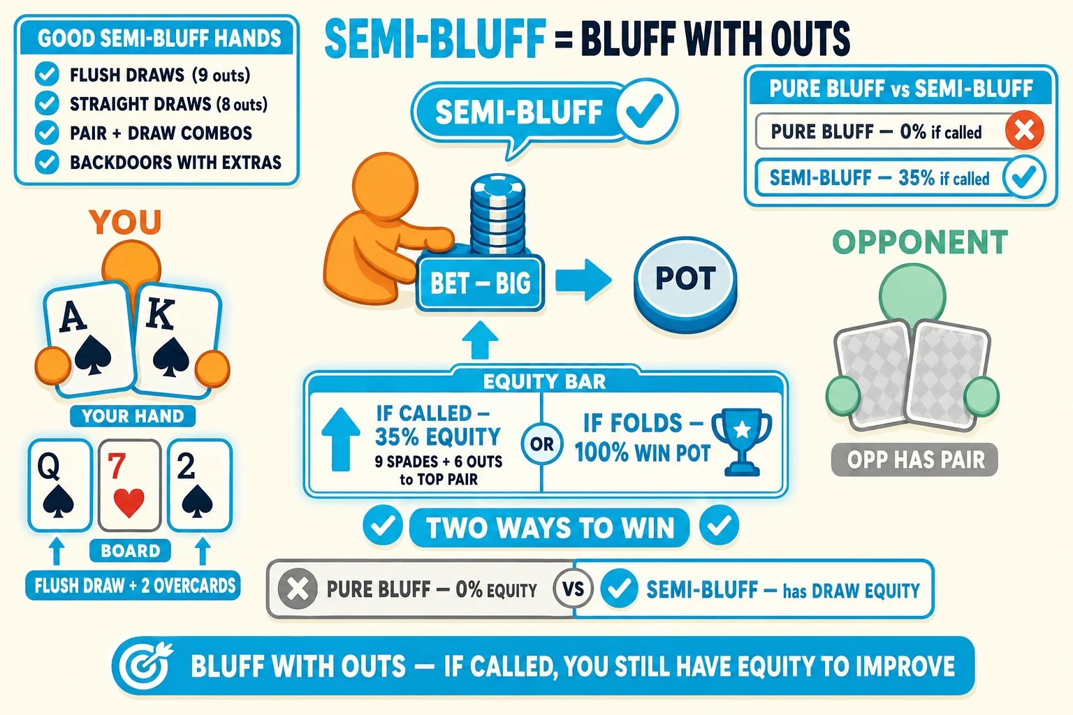 Bluff-with-equity scene on a warm cream background under a 'SEMI-BLUFF = BLUFF WITH OUTS' header (SEMI-BLUFF in cyan). Left: orange YOU avatar holding hand cards A♠ K♠ ringed thick cyan with cyan glow halos tagged 'YOUR HAND'; below YOU a flop board Q♠ 7♥ 2♠ tagged 'FLUSH DRAW + 2 OVERCARDS' with the two spade cards ringed cyan. Center: orange YOU pushes a chunky cyan 'BET — BIG' chip stack with cyan up-arrow into a small POT disc; a 'SEMI-BLUFF ✓' speech-pill above. Right: mint OPPONENT with greyed cards labelled 'OPP HAS PAIR'. Center-bottom: a chunky cyan EQUITY BAR ringed thick cyan split into two outcomes — left 'IF CALLED — 35% EQUITY' (cyan up-arrow tagged '9 SPADES + 6 OUTS to TOP PAIR') and right 'IF FOLDS — 100% WIN POT' (cyan trophy icon). 'TWO WAYS TO WIN' label below with two cyan checkmarks. Top-left 'GOOD SEMI-BLUFF HANDS' info card with cyan checkmarks 'FLUSH DRAWS (9 outs)', 'STRAIGHT DRAWS (8 outs)', 'PAIR + DRAW COMBOS', 'BACKDOORS WITH EXTRAS'. Top-right 'PURE BLUFF vs SEMI-BLUFF' card showing two rows 'PURE BLUFF — 0% if called' (red-orange ✗) and 'SEMI-BLUFF — 35% if called' (cyan ✓ ringed cyan). Bottom comparison strip: greyed 'PURE BLUFF — 0% EQUITY' vs cyan-highlighted ringed cyan 'SEMI-BLUFF — has DRAW EQUITY'. Cyan pill at the bottom: 'BLUFF WITH OUTS — IF CALLED, YOU STILL HAVE EQUITY TO IMPROVE'.