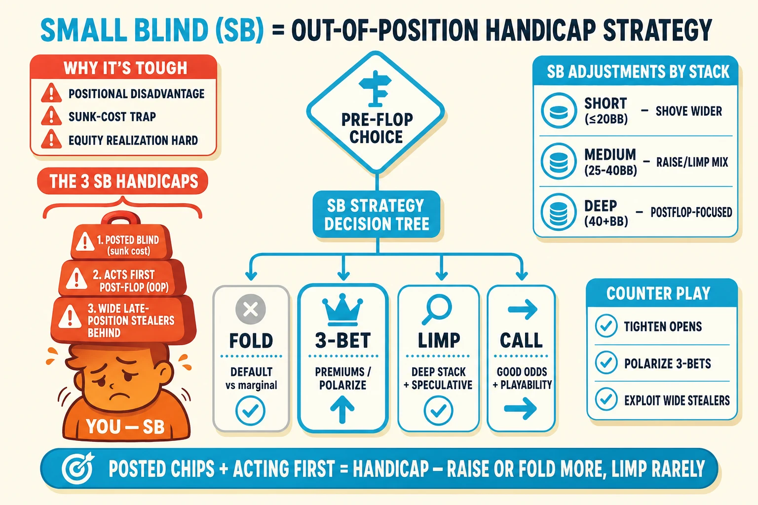 Stack-of-handicaps + decision tree on a warm cream background under a 'SMALL BLIND (SB) = OUT-OF-POSITION HANDICAP STRATEGY' header (SMALL BLIND (SB) in cyan). Left: orange YOU avatar (SB) looking burdened with three red-orange weight-icons stacked on the head labelled '1. POSTED BLIND (sunk cost)', '2. ACTS FIRST POST-FLOP (OOP)', '3. WIDE LATE-POSITION STEALERS BEHIND' — each with a red-orange ⚠ icon. Above YOU a red-orange 'THE 3 SB HANDICAPS' brace pill. Center: a vertical SB STRATEGY DECISION TREE branching down from a 'PRE-FLOP CHOICE' diamond into four chunky tiles — 'FOLD' (greyed, 'DEFAULT vs marginal'), cyan-highlighted ringed cyan 'with crown 3-BET' ('PREMIUMS / POLARIZE'), 'LIMP' (cyan-tinted, 'DEEP STACK + SPECULATIVE'), 'CALL' (cyan-tinted, 'GOOD ODDS + PLAYABILITY'). Right: 'SB ADJUSTMENTS BY STACK' info card with three rows 'SHORT (≤20BB) — SHOVE WIDER', 'MEDIUM (25-40BB) — RAISE/LIMP MIX', 'DEEP (40+BB) — POSTFLOP-FOCUSED'. Top-left 'WHY IT'S TOUGH' info card with red-orange ⚠ marks 'POSITIONAL DISADVANTAGE', 'SUNK-COST TRAP', 'EQUITY REALIZATION HARD'. Bottom-right 'COUNTER PLAY' info card with cyan checkmarks 'TIGHTEN OPENS', 'POLARIZE 3-BETS', 'EXPLOIT WIDE STEALERS'. Cyan pill at the bottom: 'POSTED CHIPS + ACTING FIRST = HANDICAP — RAISE OR FOLD MORE, LIMP RARELY'.