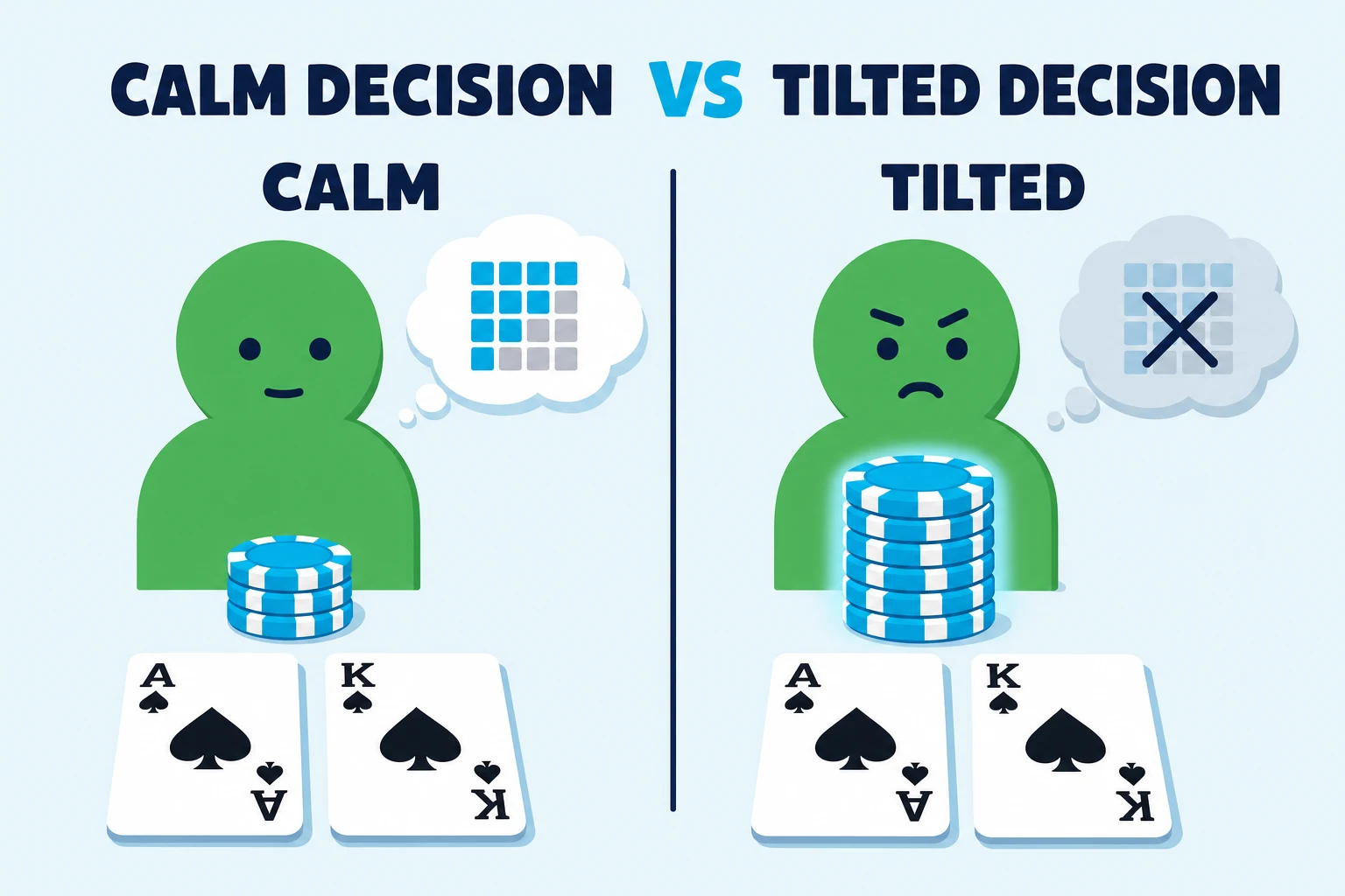 Side-by-side panel titled 'CALM DECISION VS TILTED DECISION'. The left player studies the spot with a clean range chart and small chip stack forward. The right player faces the same spot, frowning as a larger stack crosses the betting line and a faded range chart sits behind a frustrated thought cloud.