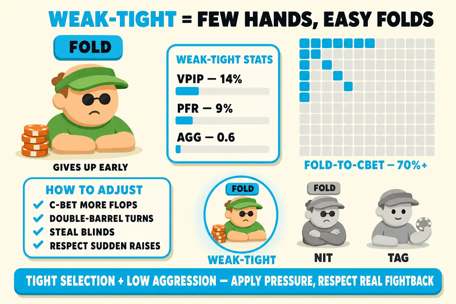 Weak-tight archetype panel under a 'FEW HANDS, EASY FOLDS' header. A cautious avatar folds behind a small stack, stats show tight entry and low aggression, and a hand grid shows narrow selection. The adjustment card emphasizes pressure, steals, and respect for sudden raises.