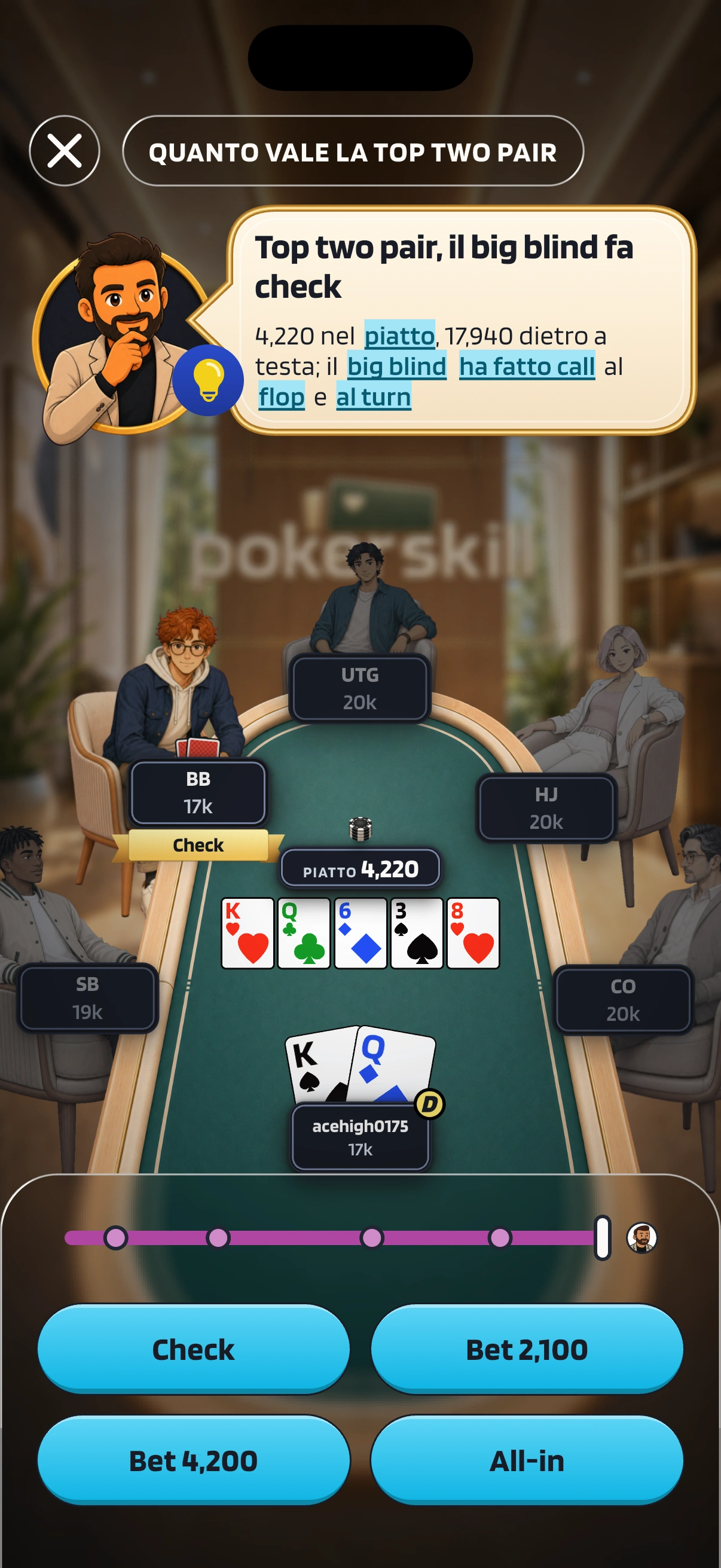 Una mano del Puzzle del giorno al river: sei sul bottone con il re di picche e la donna di quadri, Coach Max dice che hai la top two pair e che il big blind fa check con 4,220 nel piatto, e i pulsanti sono Check, Bet 2,100, Bet 4,200 e All-in.