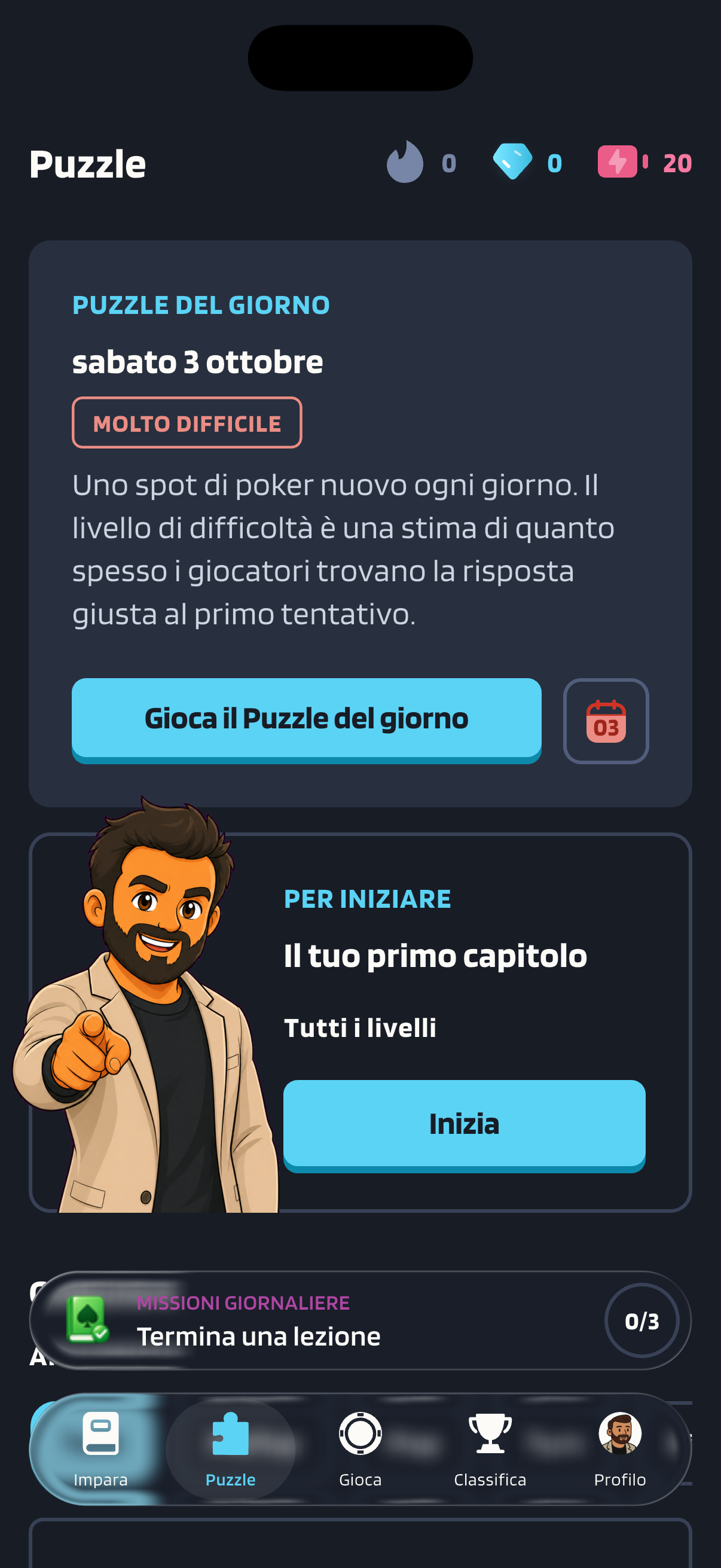 La scheda Puzzle, dove il Puzzle del giorno di sabato 3 ottobre è indicato come “Molto difficile” e ha il pulsante “Gioca il Puzzle del giorno”.