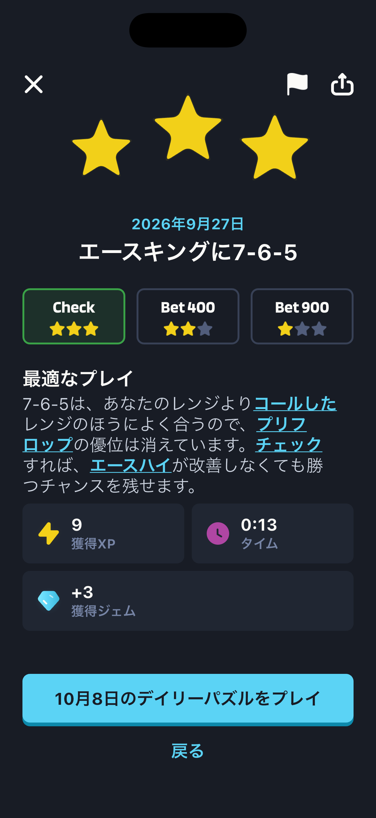 Poker Skillのデイリーパズルの結果画面。タイトルは「エースキングに7-6-5」、日付は2026年9月27日です。黄色い星三つの下に選択肢が並び、Checkは星三つ、Bet 400は星二つ、Bet 900は星一つで、選んだCheckが緑の枠で囲まれています。「最適なプレイ」という見出しの下には、理由として「7-6-5は、あなたのレンジよりコールしたレンジのほうによく合うので、プリフロップの優位は消えています。チェックすれば、エースハイが改善しなくても勝つチャンスを残せます。」と書かれています。三つのタイルには、獲得XPが9、タイムが0:13、獲得ジェムが+3と表示され、その下に「10月8日のデイリーパズルをプレイ」ボタンと「戻る」があります。