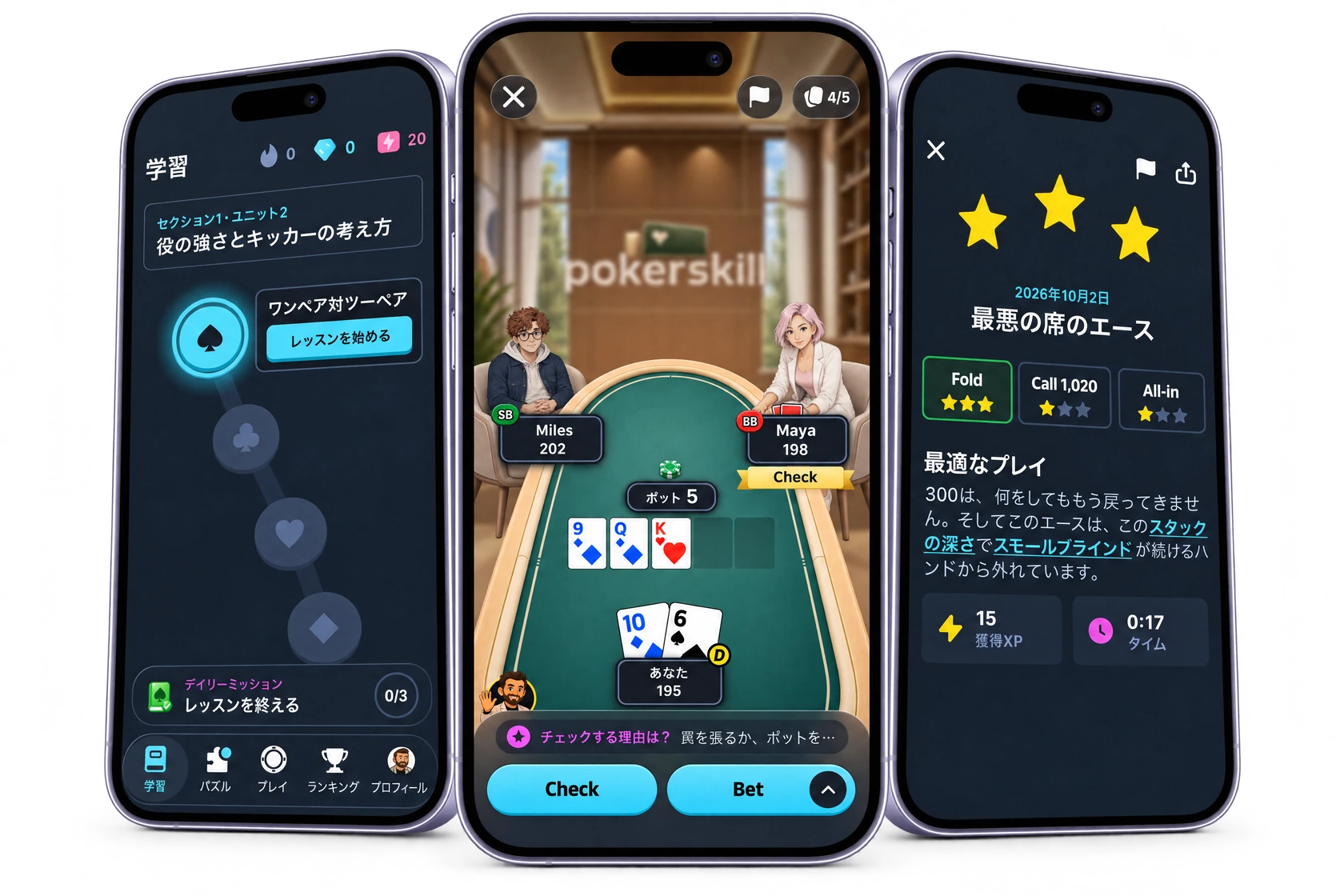 三台のスマホに、レッスン「ワンペア対ツーペア」、フォールドで三つ星を獲得したデイリーパズル「最悪の席のエース」の結果、Coach Maxがチェックする理由を解説する「AIと練習」のハンドが表示されています。
