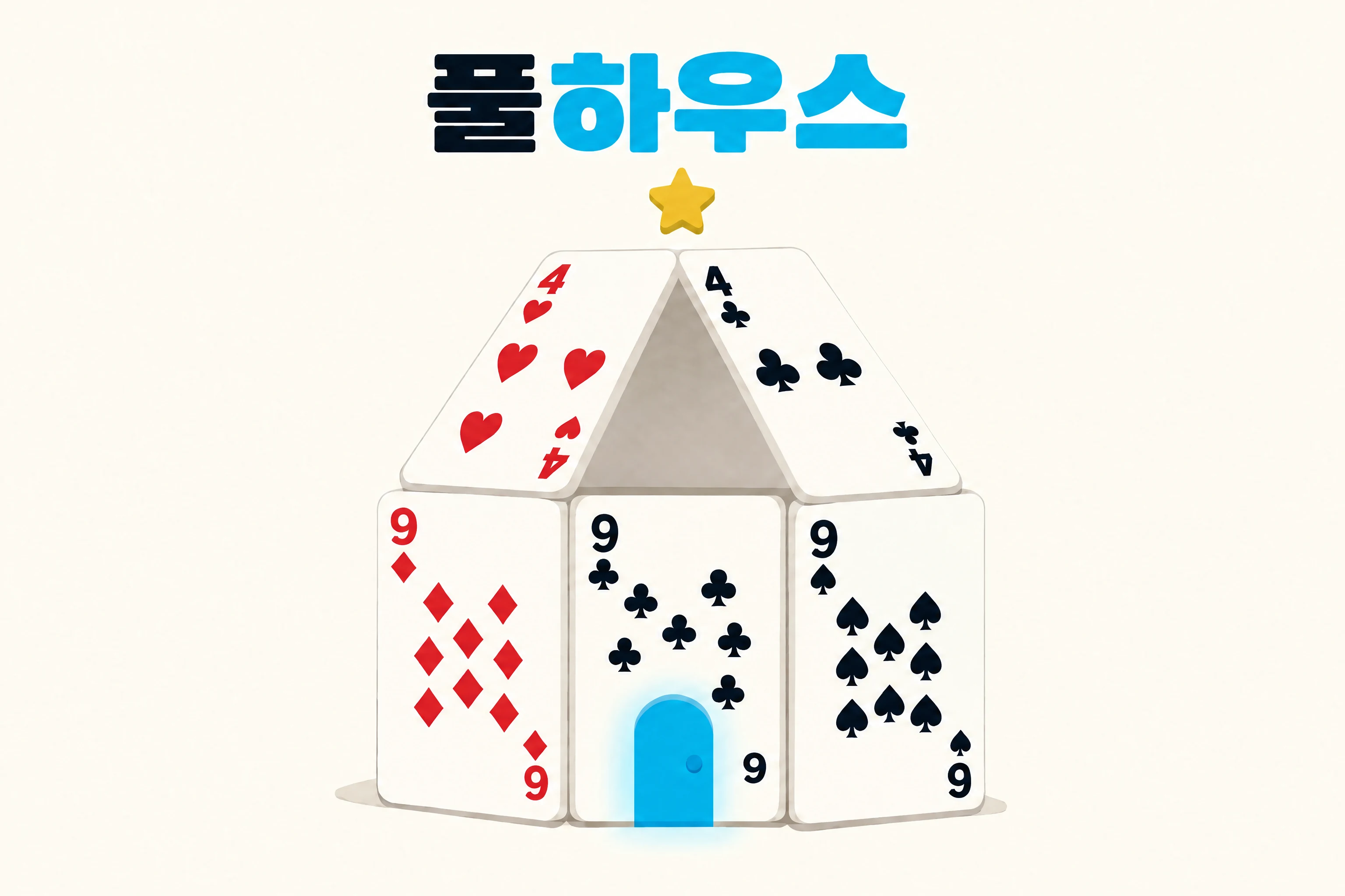 나인 세 장으로 벽을 세우고 포 두 장으로 지붕을 얹은, 집 모양의 포커 풀하우스 핸드.