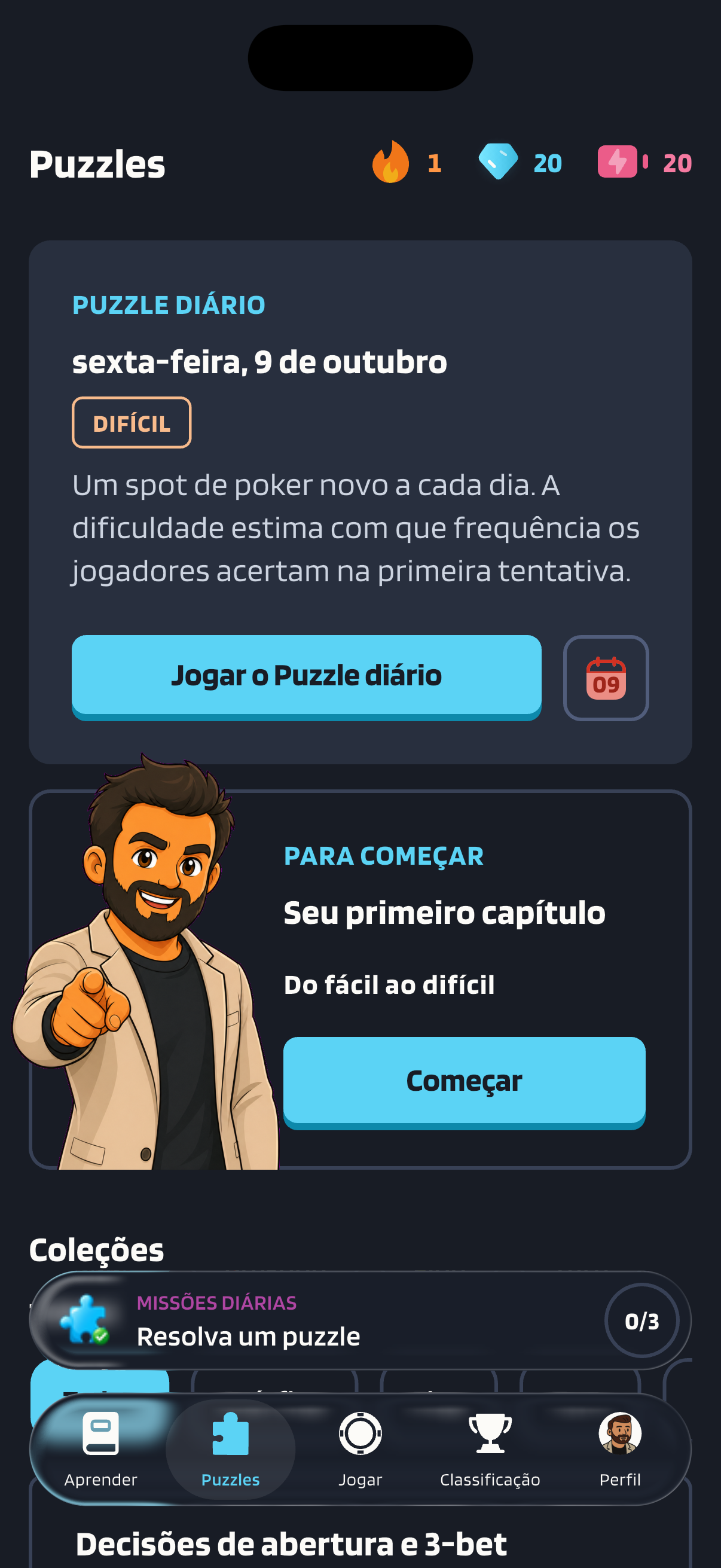 A aba Puzzles do Poker Skill mostra o cartão “PUZZLE DIÁRIO” de sexta-feira, 9 de outubro, com a etiqueta “DIFÍCIL”, acima da explicação “Um spot de poker novo a cada dia. A dificuldade estima com que frequência os jogadores acertam na primeira tentativa.” Logo abaixo fica o botão “Jogar o Puzzle diário” e, depois, o primeiro capítulo, com o botão “Começar”, e uma missão diária, “Resolva um puzzle”.