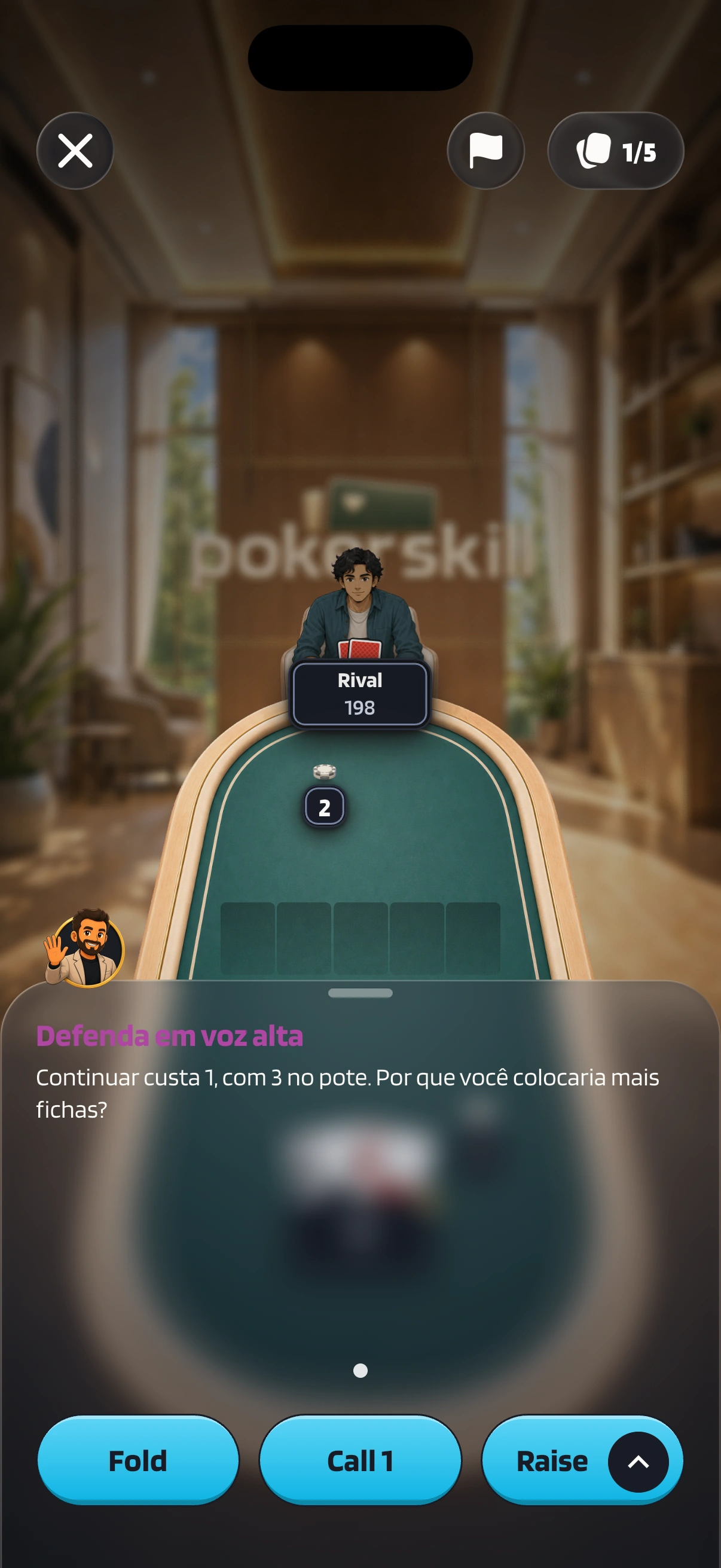 Uma mão heads-up contra Rival no Treino contra a IA: no painel “Defenda em voz alta”, Coach Max diz “Continuar custa 1, com 3 no pote” e pergunta “Por que você colocaria mais fichas?”