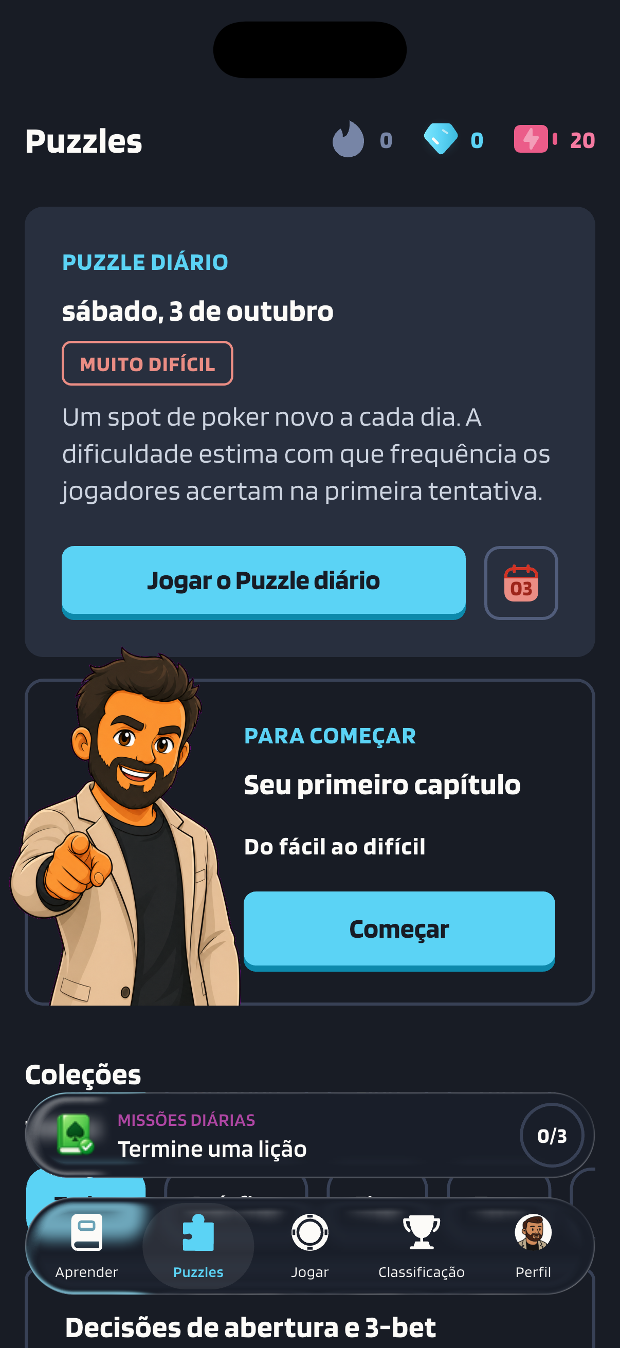 A aba Puzzles, com o Puzzle diário de sábado, 3 de outubro, marcado como “Muito difícil” e o botão “Jogar o Puzzle diário”.