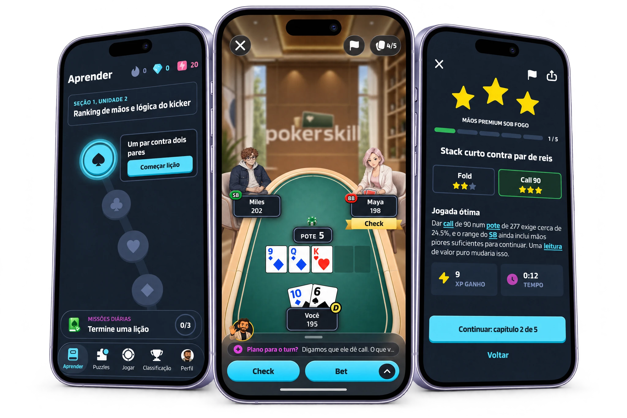Três celulares com o app de poker Poker Skill: a lição “Um par contra dois pares”, o resultado do puzzle “Stack curto contra par de reis” com a jogada ótima e uma mão do Treino contra a IA em que o Coach Max pergunta qual é o plano para o turn.